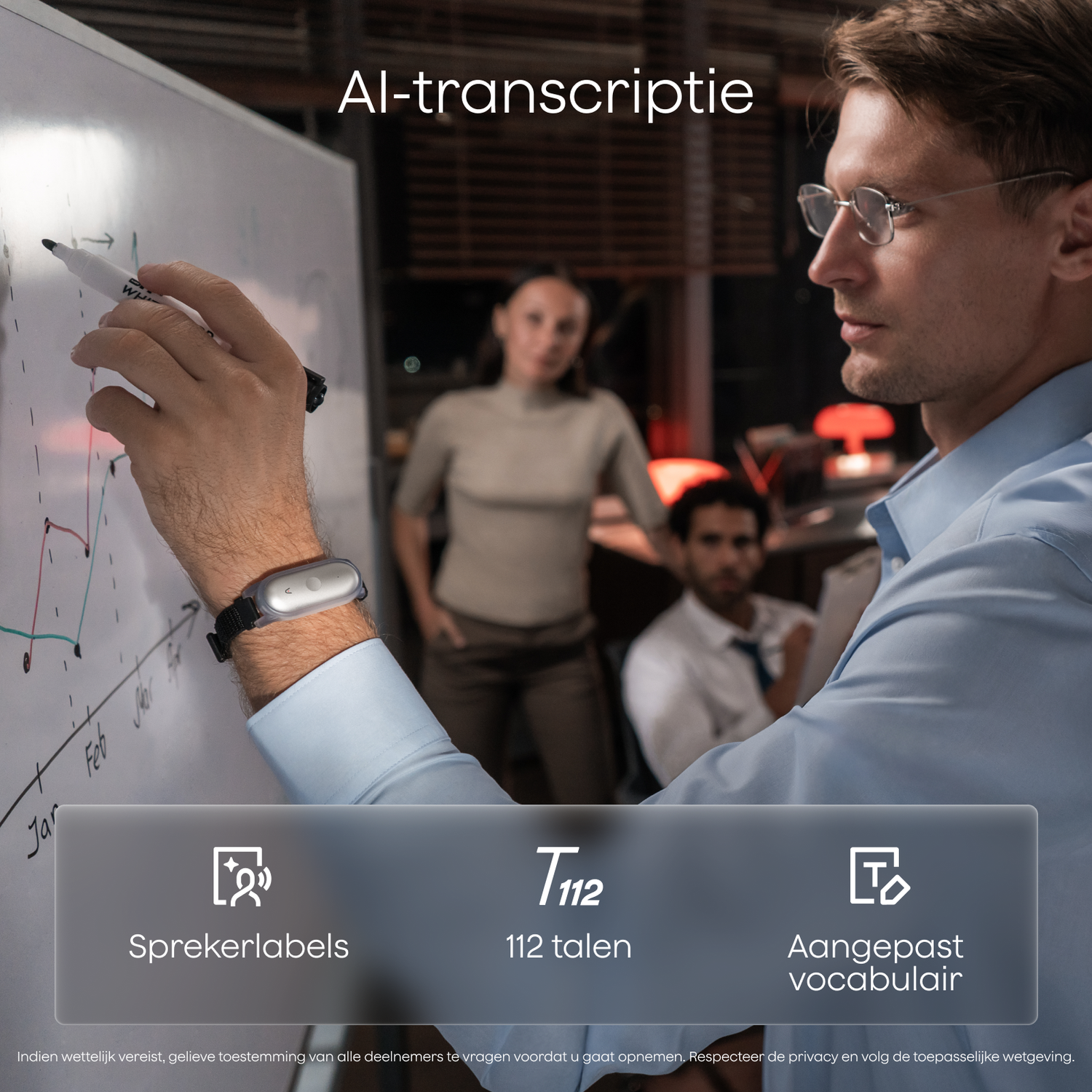 Man writes on whiteboard, two people in background. AI transcription.