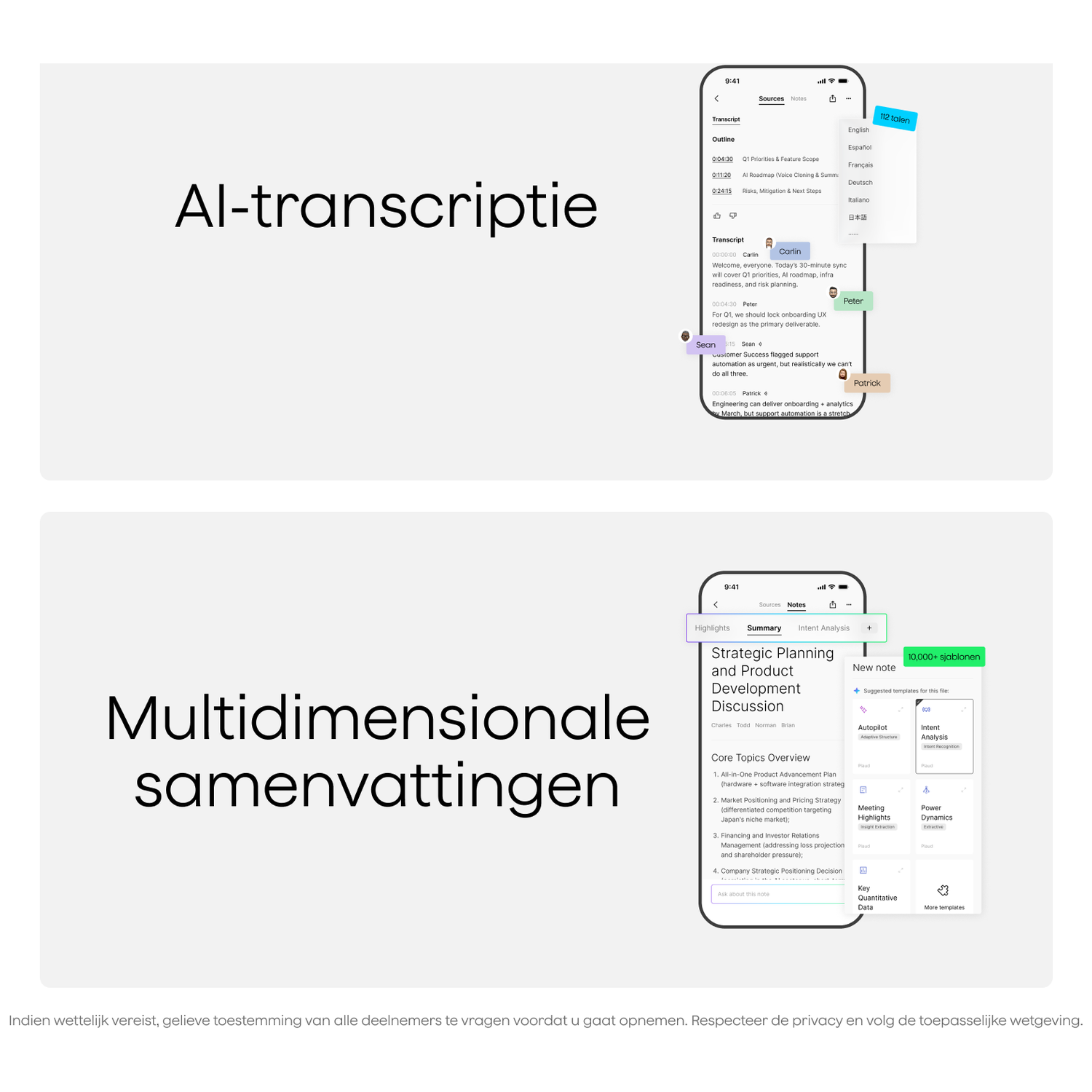 App screenshot showing "AI transcription" with language translation options.