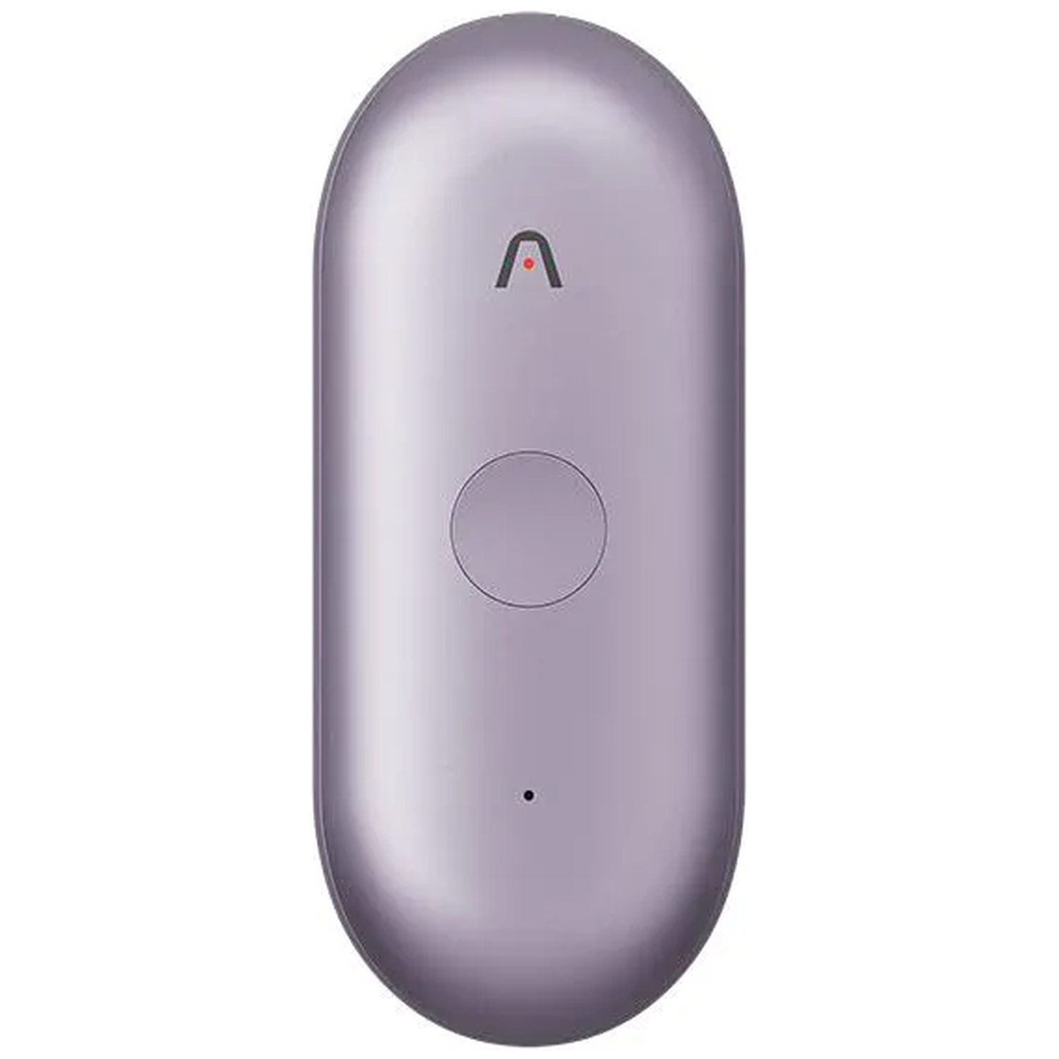 A purple, oval-shaped device with a black logo and a red dot.