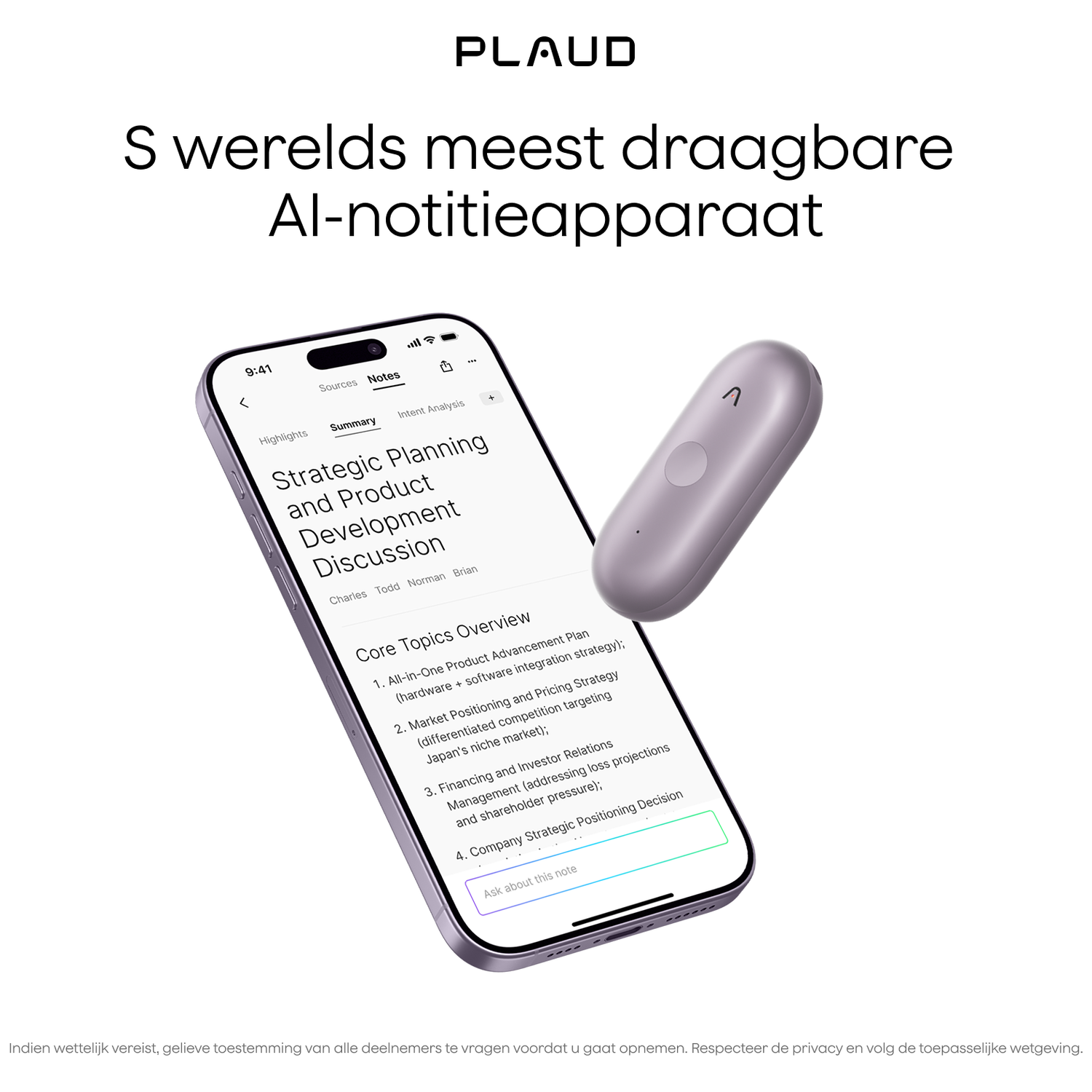 A purple AI note-taking device rests beside a smartphone displaying a summary.