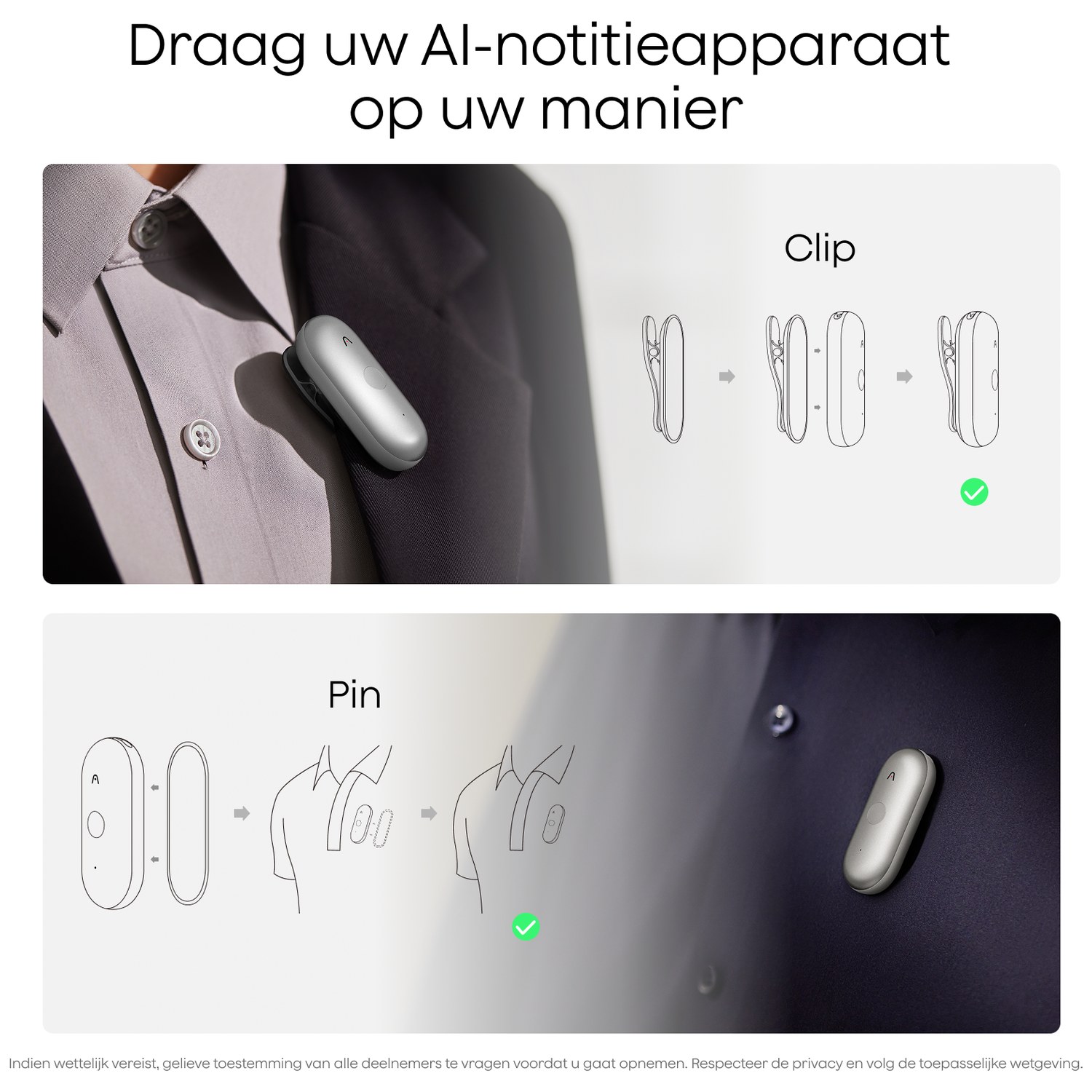 Silver recording device is clipped or pinned to clothing.