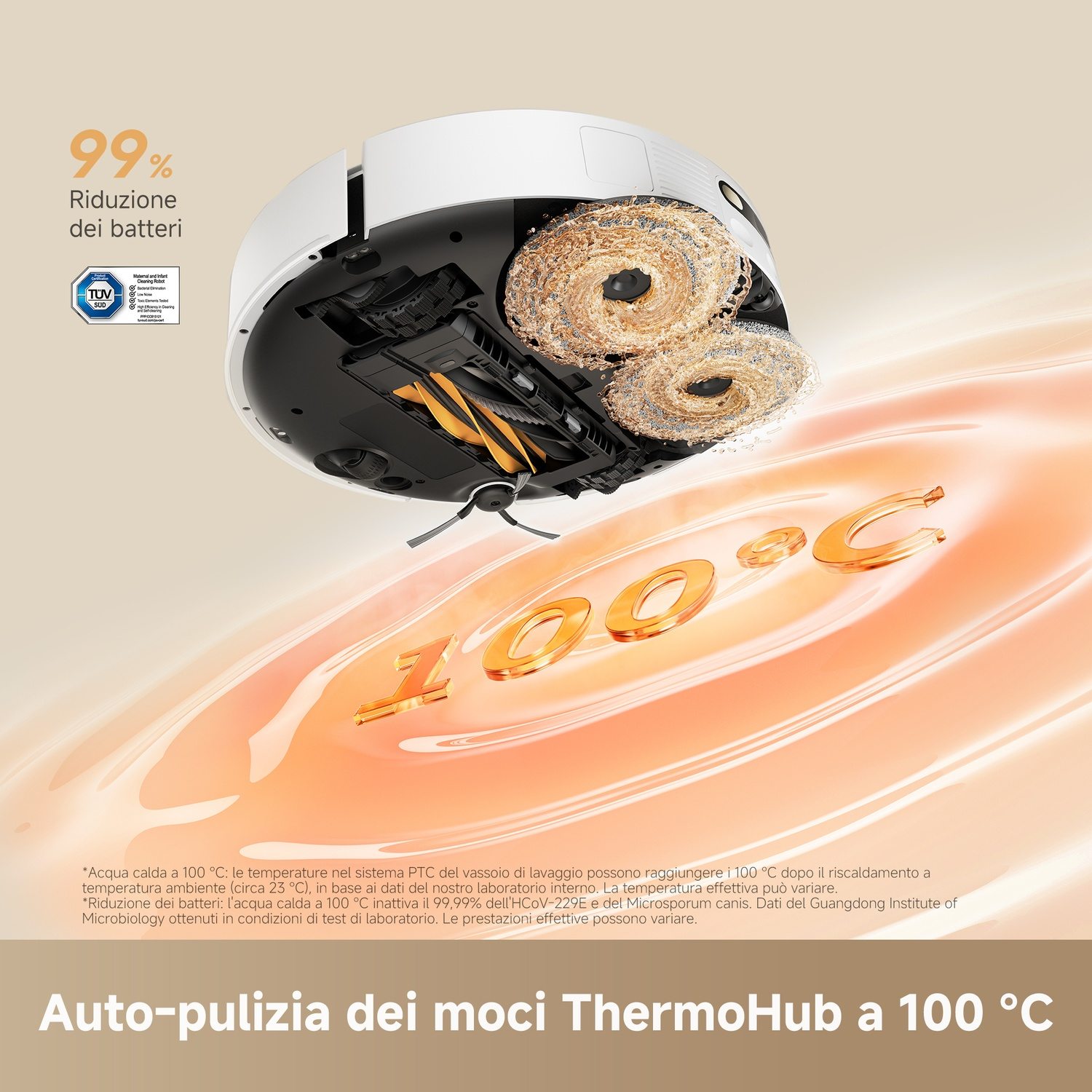 Un robot aspirapolvere con spazzole rotanti che esegue l'autopulizia a 100°C.