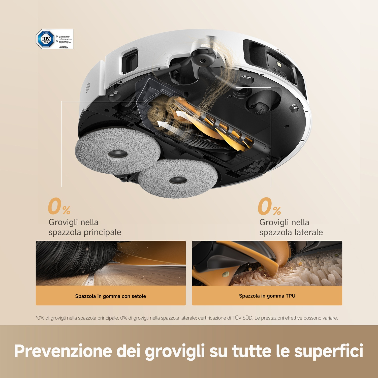 Aspirapolvere robot con meccanismo a spazzola e due pad rotanti. Primo piano mostra setole.