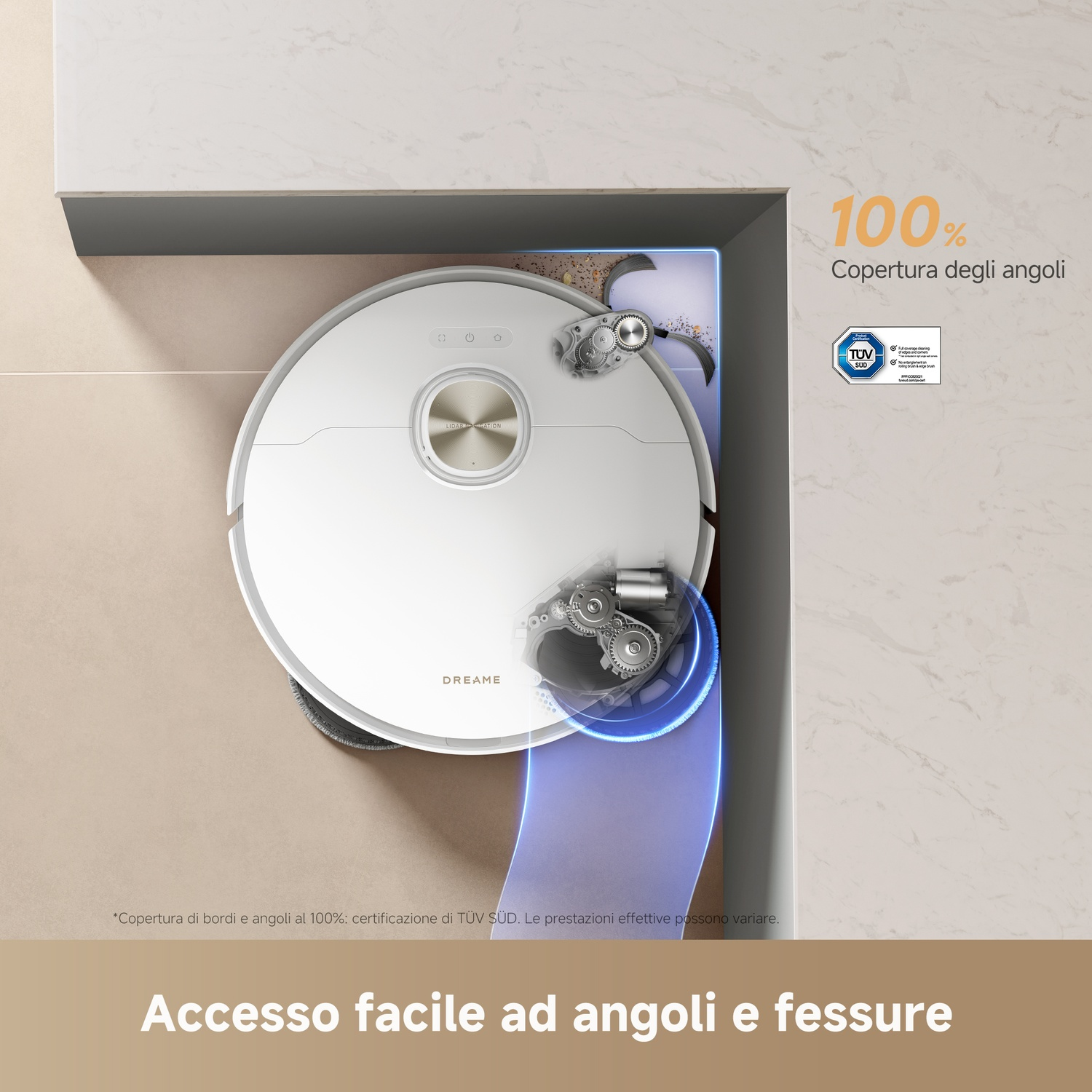Aspirapolvere robot bianco pulisce angoli con luce blu. Copertura 100%.