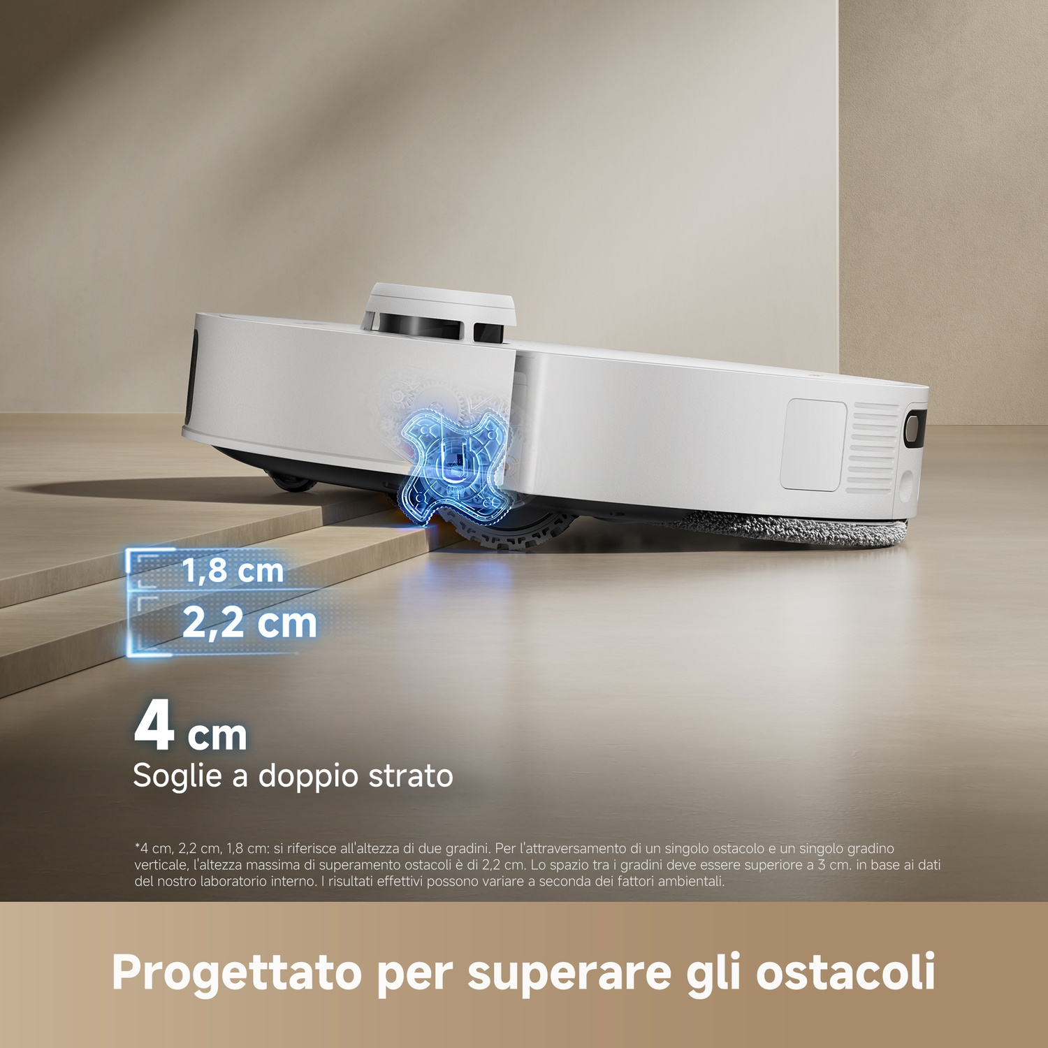 Un robot aspirapolvere bianco supera ostacoli di 1,8 e 2,2 cm.