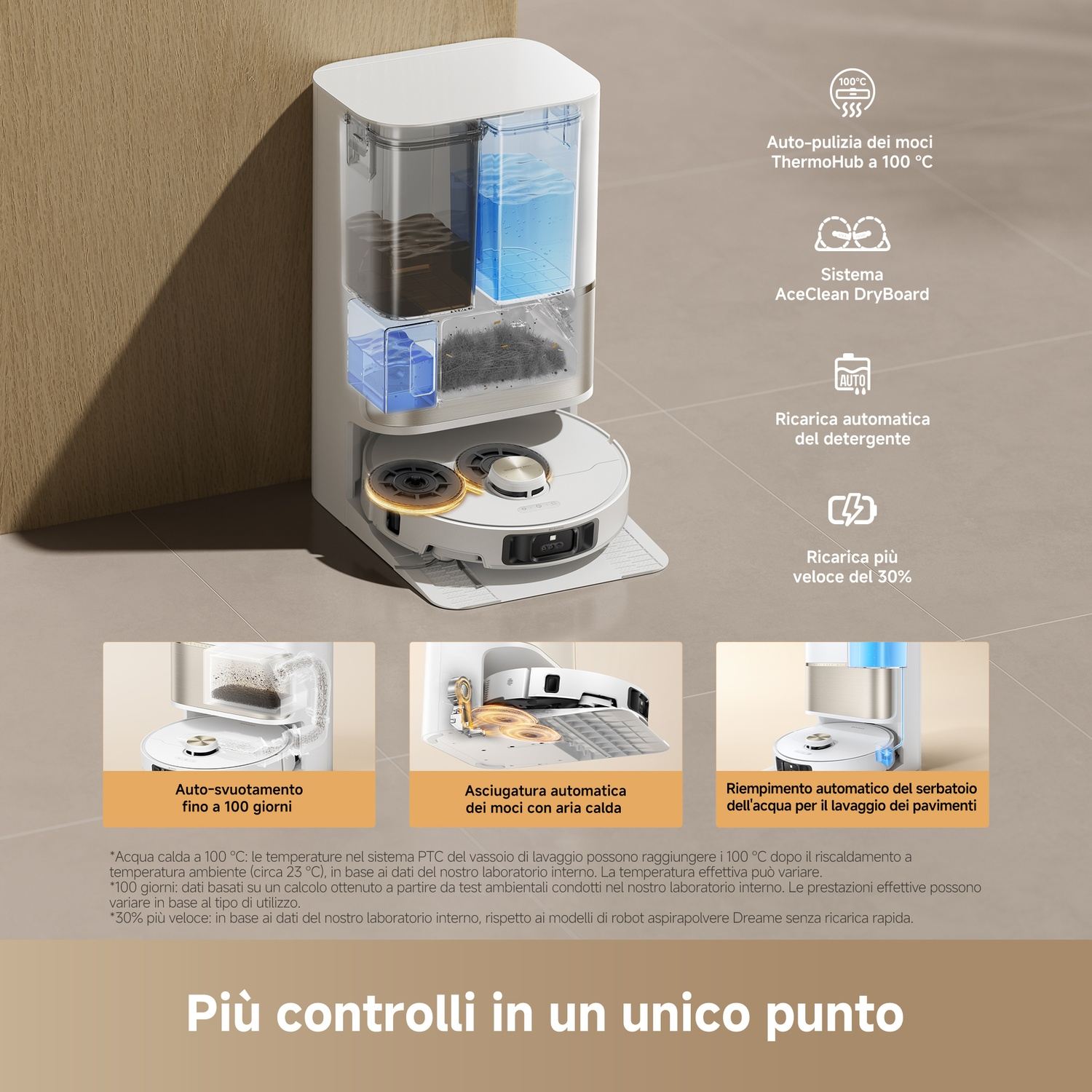 Un robot aspirapolvere bianco con stazione che immagazzina polvere e acqua. Funzioni evidenziate.