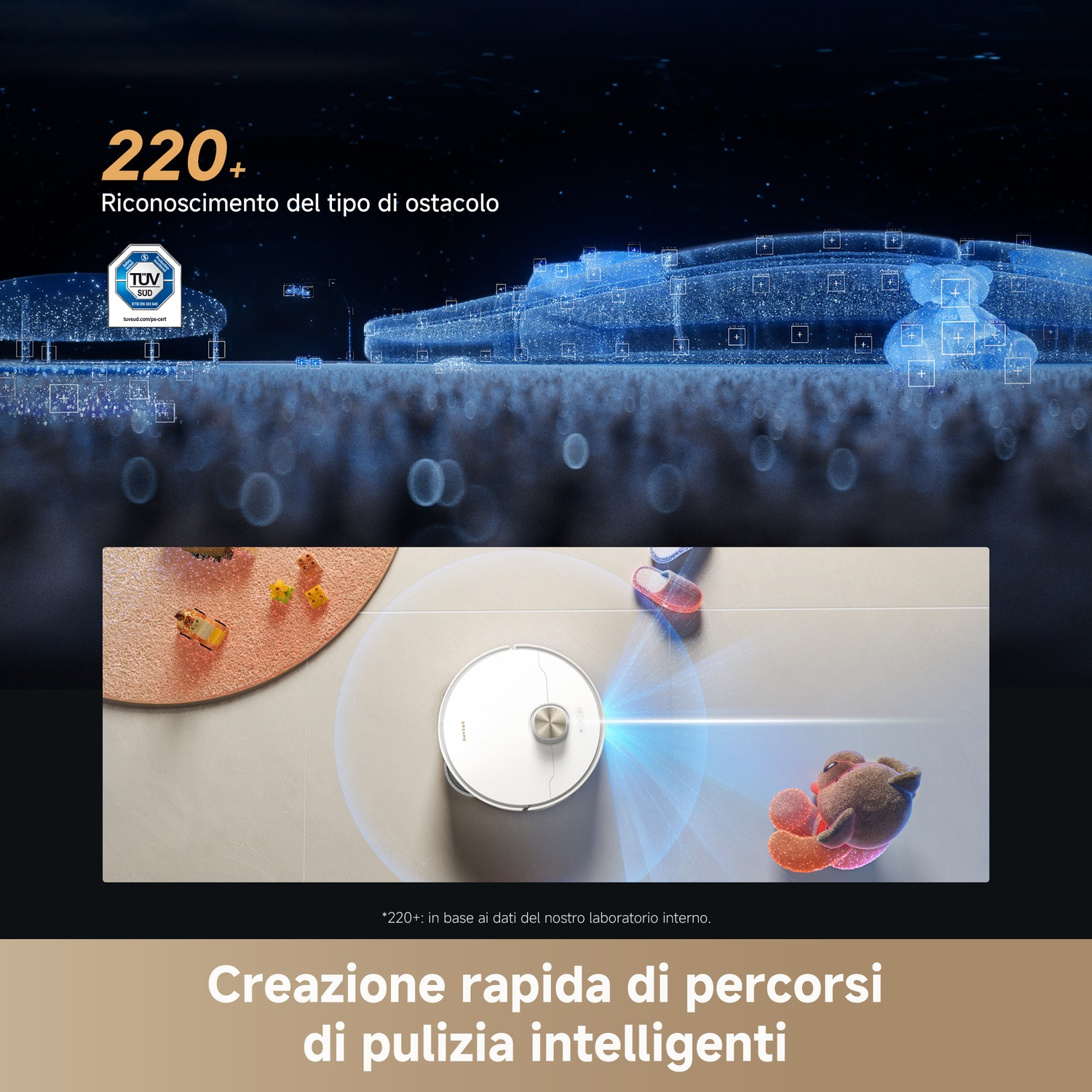 Un robot aspirapolvere bianco naviga tra i giocattoli, rilevando ostacoli.