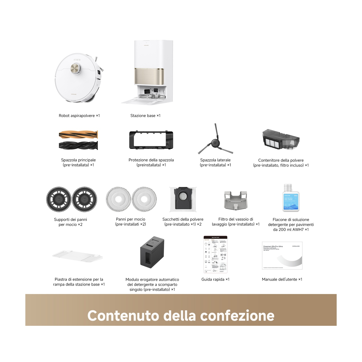 Un robot aspirapolvere con stazione base e accessori come spazzole, panni mop, sacchi polvere e soluzione detergente.