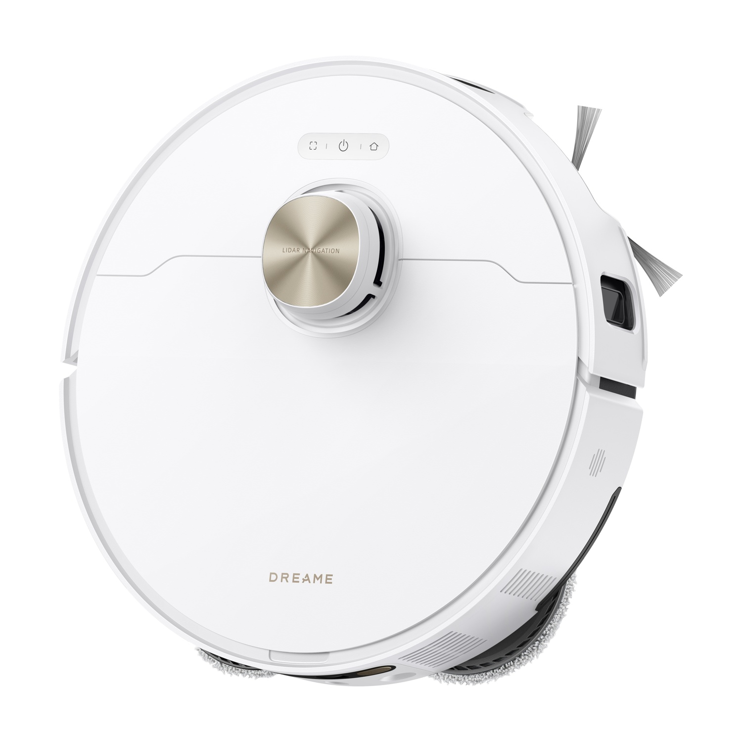 Un robot aspirapolvere bianco con accenti argentati e spazzole.