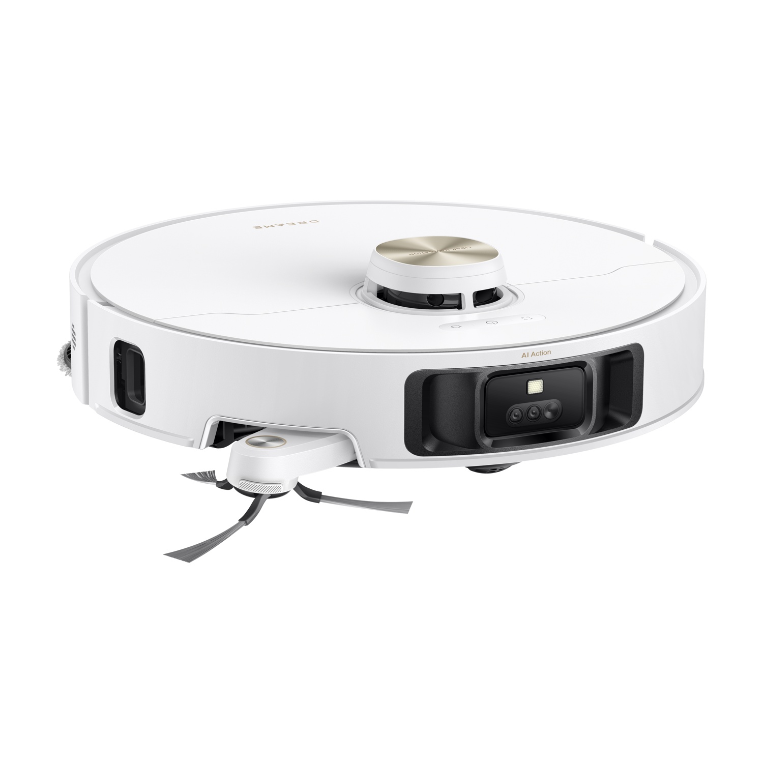 Un robot aspirapolvere bianco con due spazzole anteriori e una telecamera.