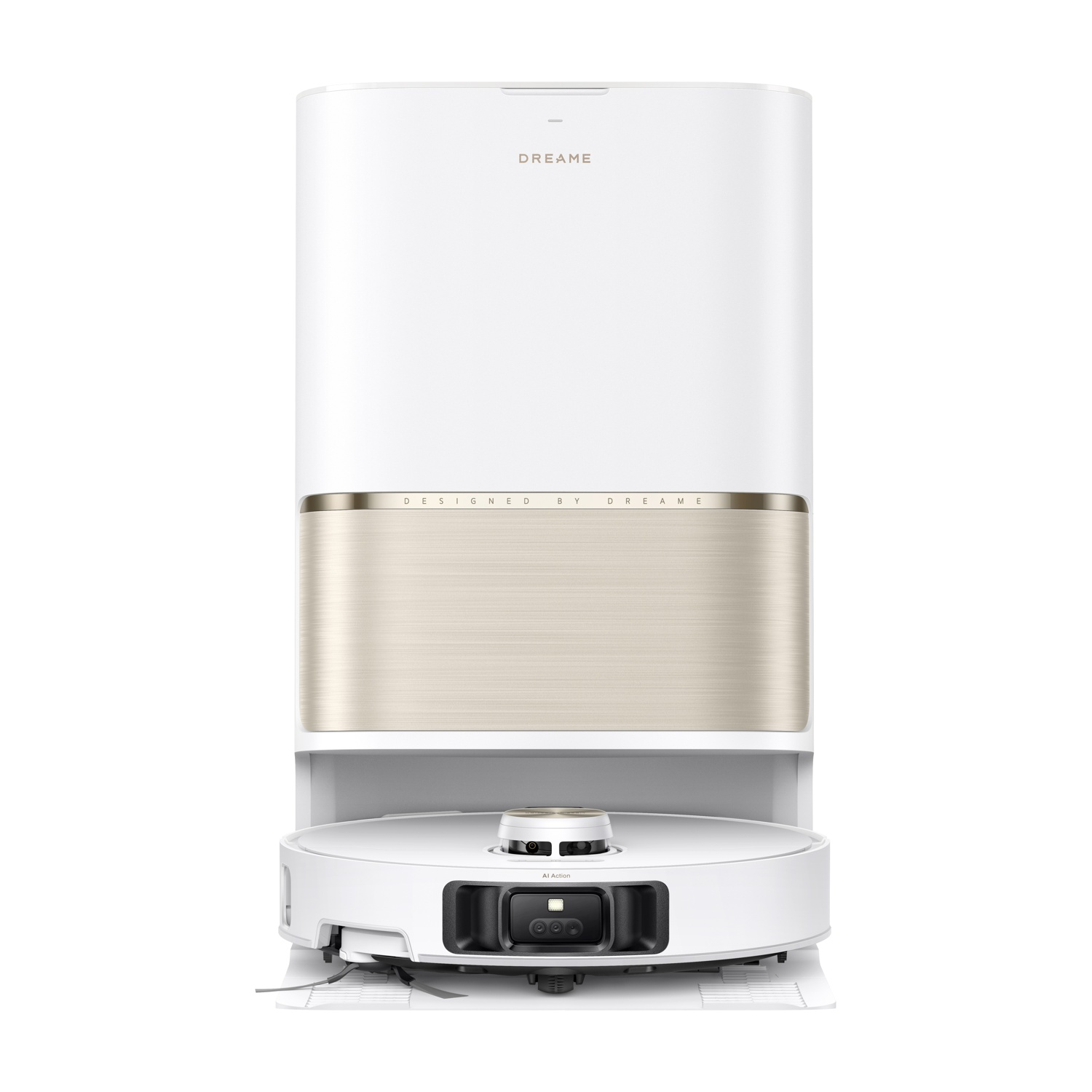 Un robot aspirapolvere bianco con docking station con accenti dorati.