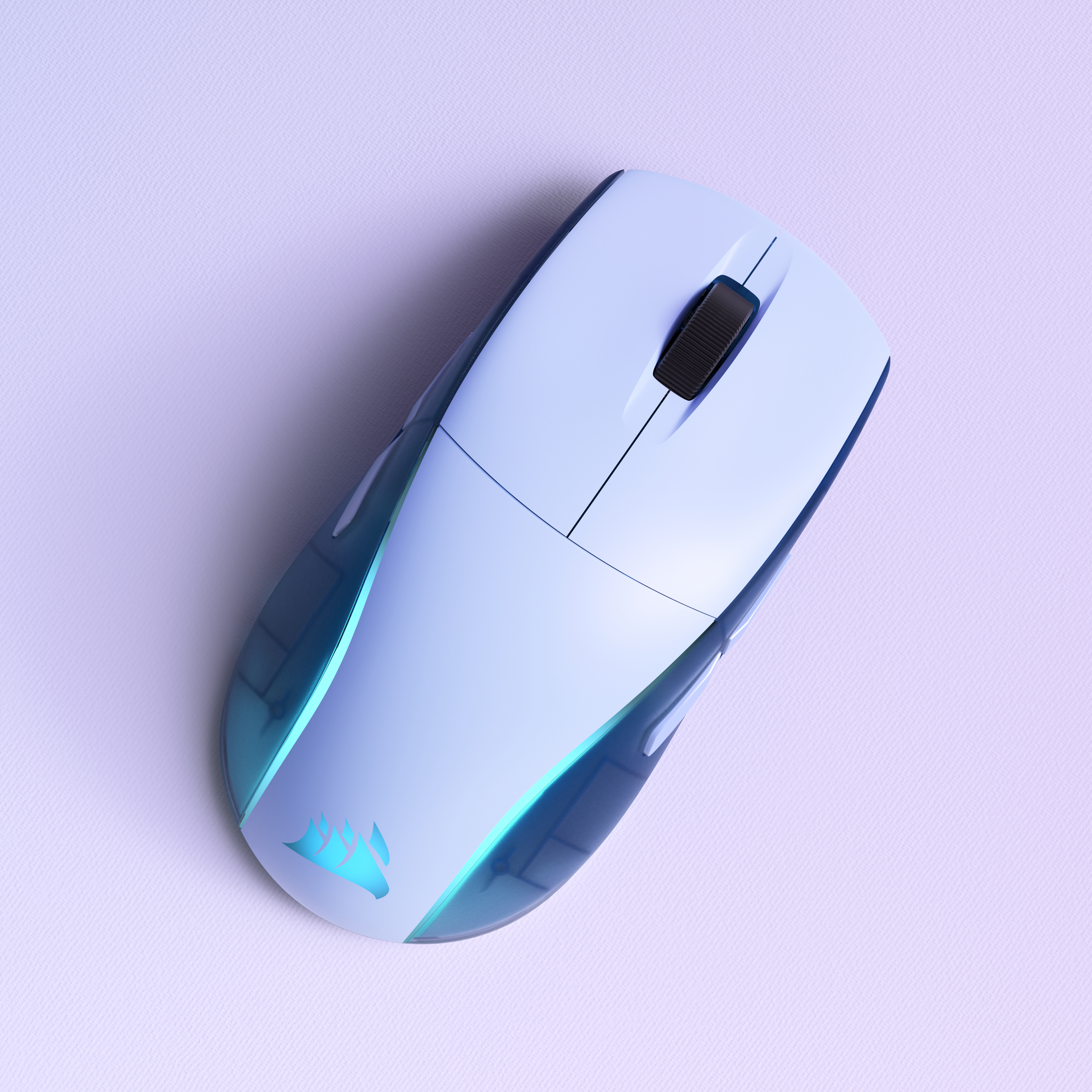 Eine weiße Gaming-Maus mit RGB-Beleuchtung auf einem lila Hintergrund.