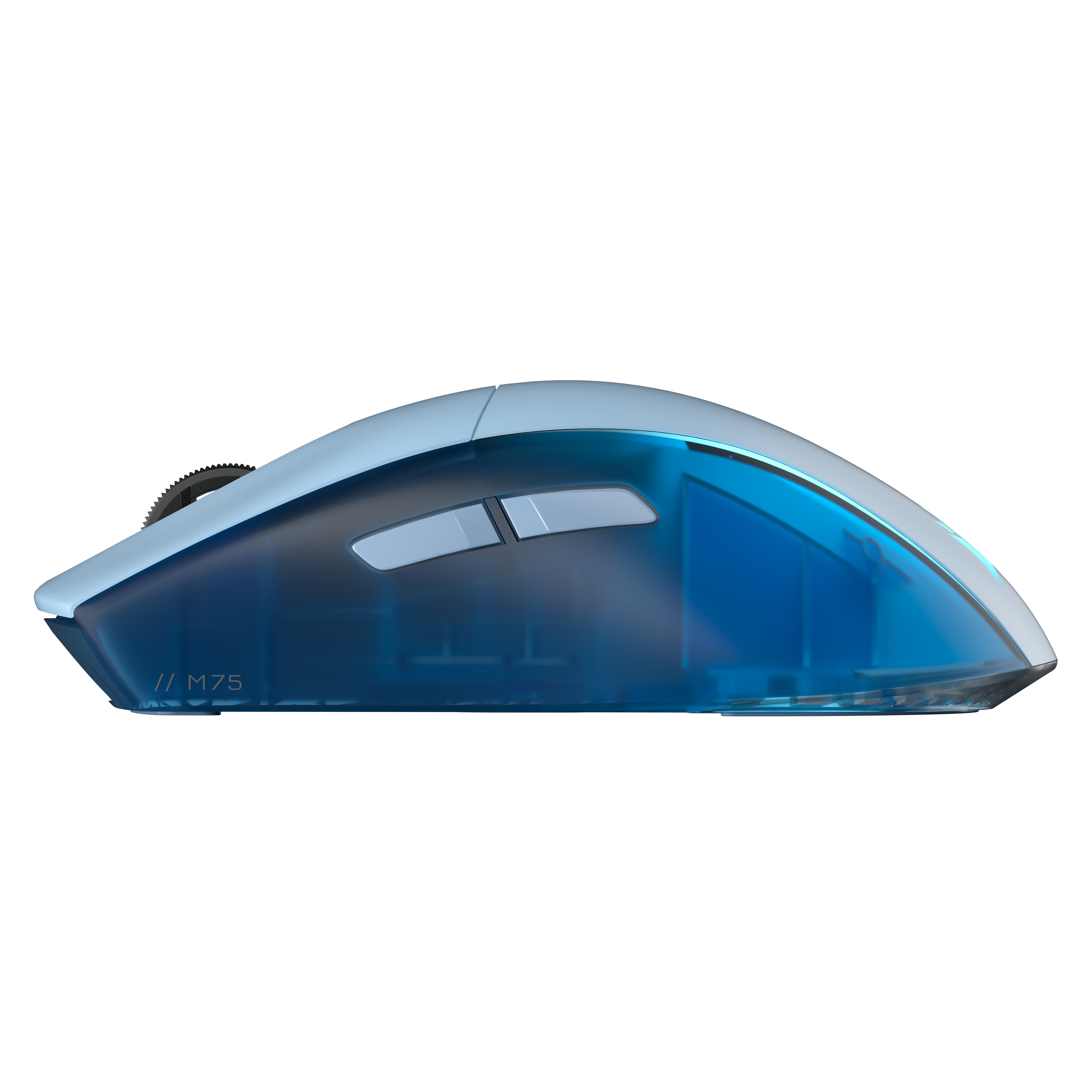 Eine blaue und graue Computermaus mit sichtbaren inneren Komponenten.