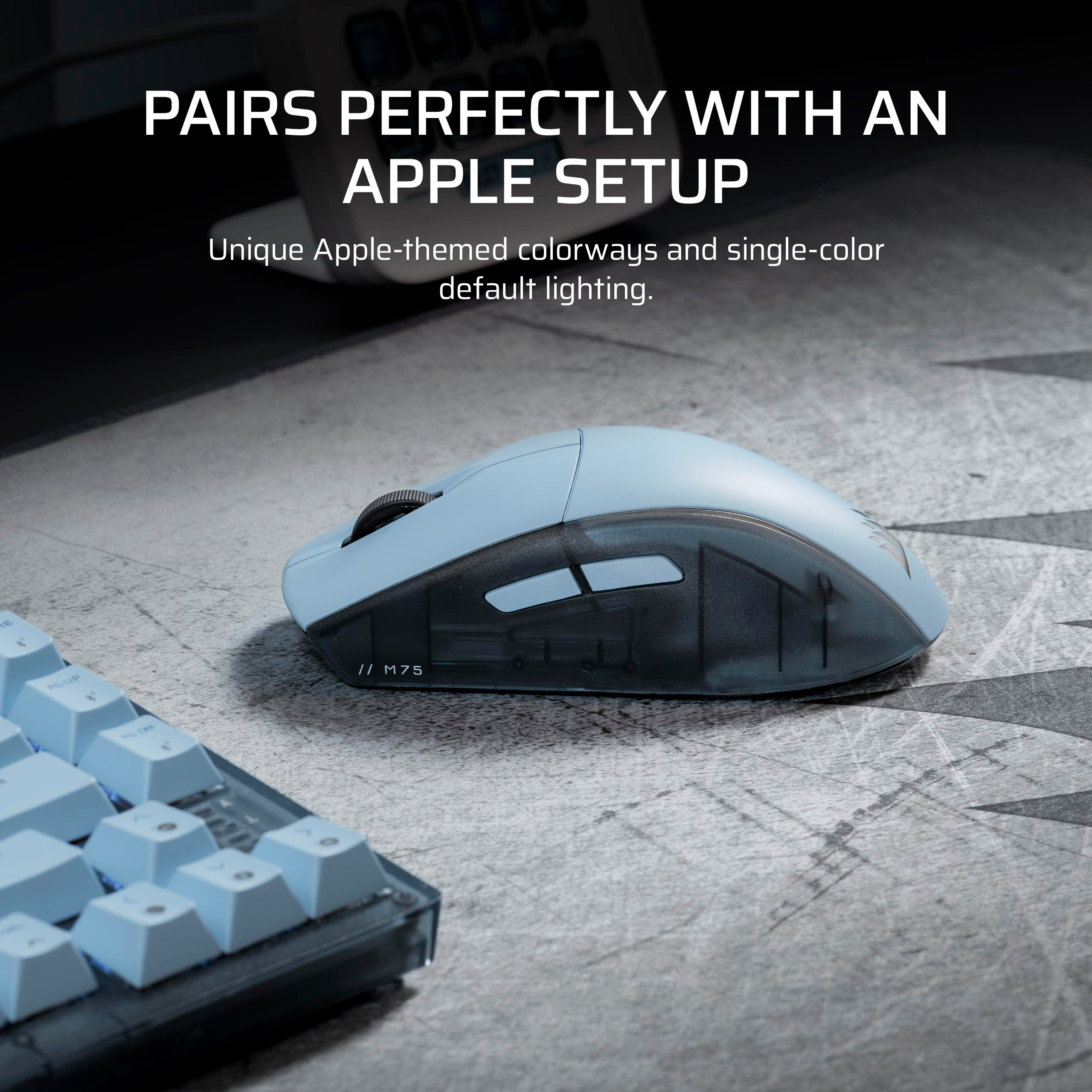 Eine hellblaue Maus und Tastatur liegen auf einer grauen Unterlage.