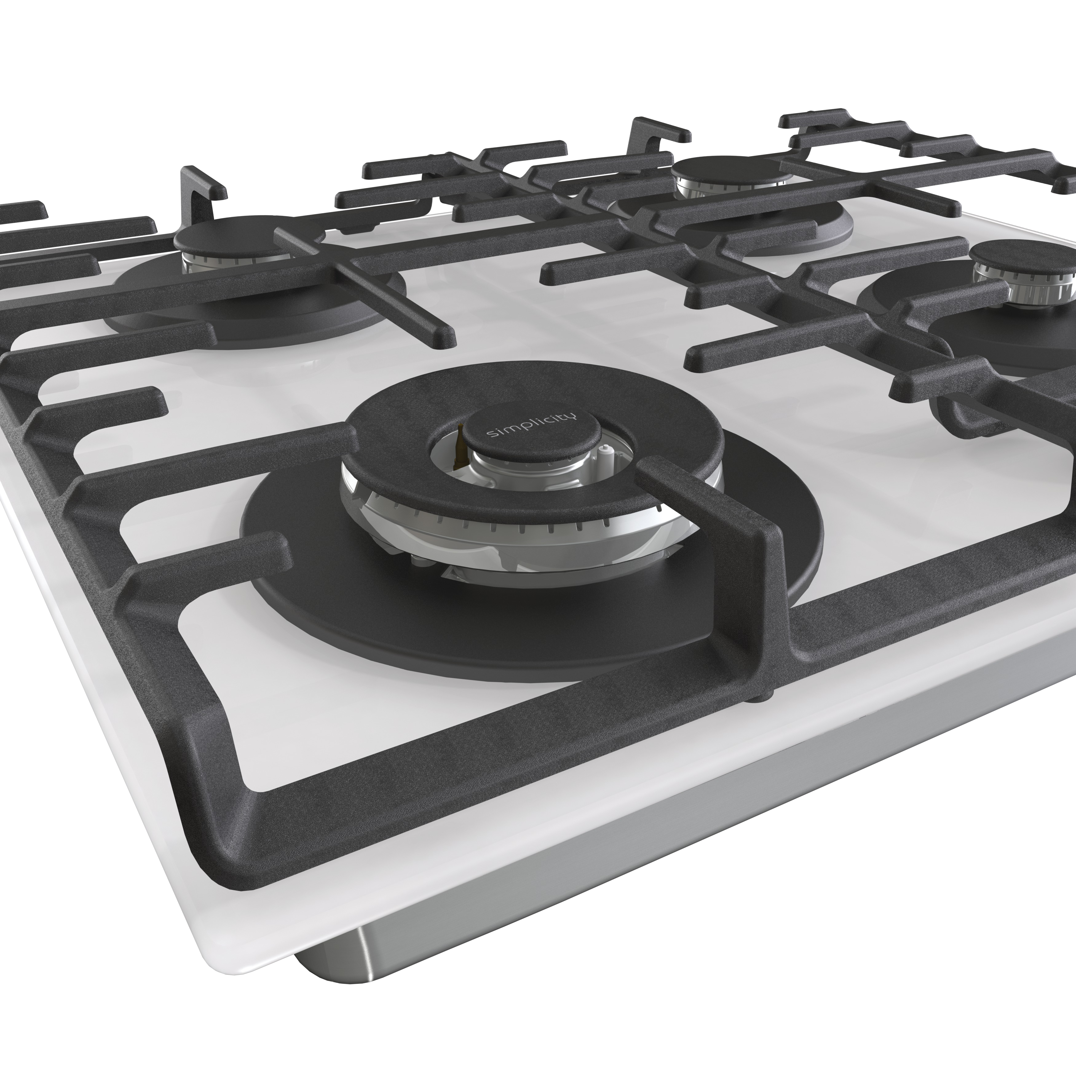 Biała kuchenka gazowa z czarnymi palnikami i rusztami.