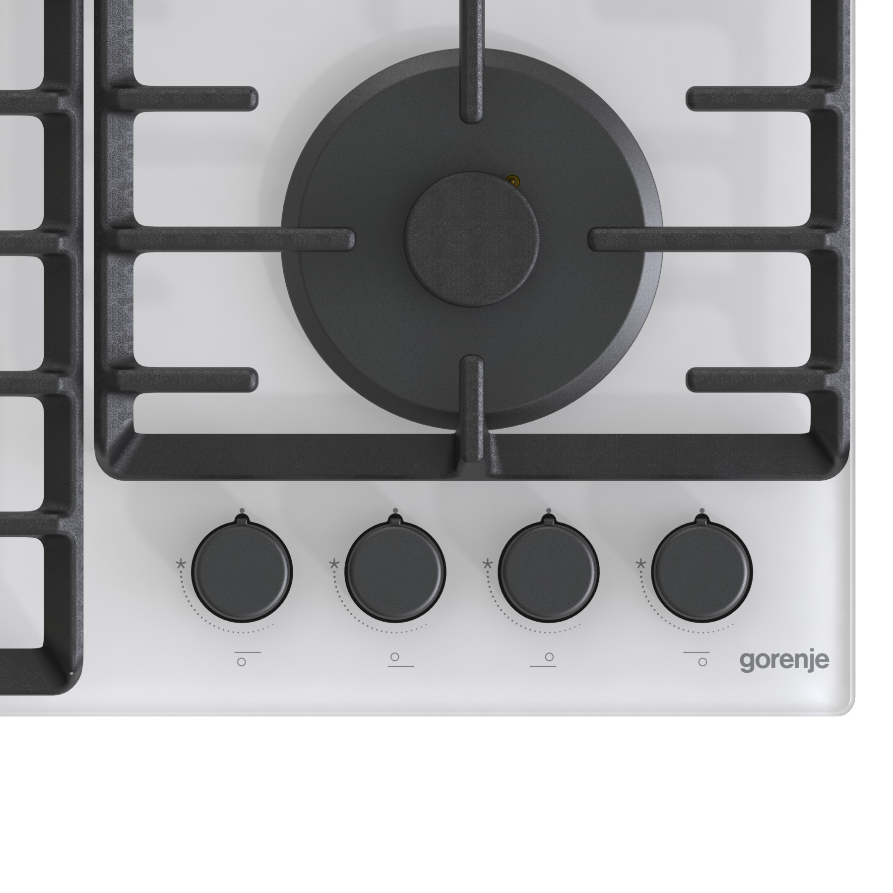 Biała płyta gazowa z czterema czarnymi pokrętłami i palnikami.