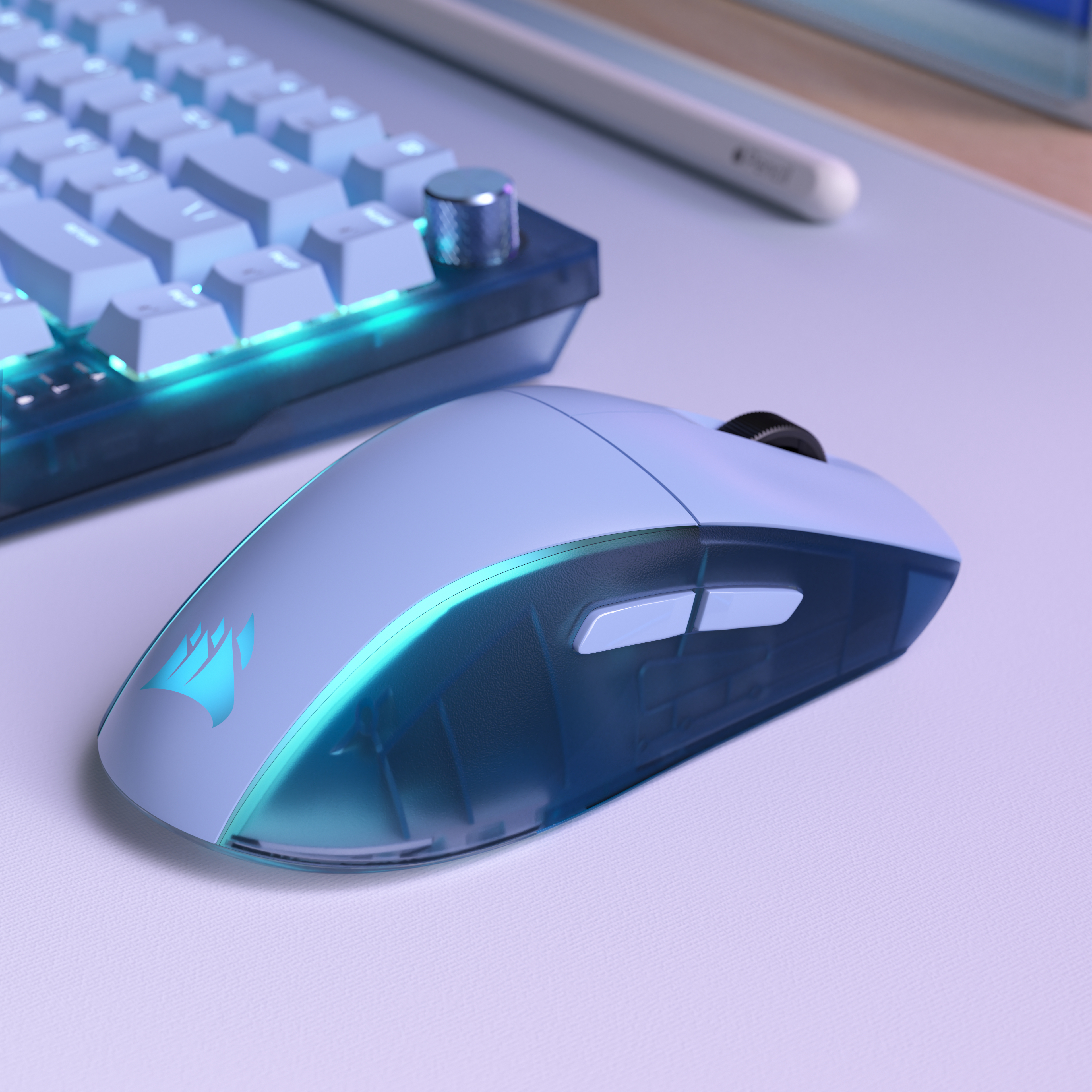 Eine weiße Gaming-Maus mit blauem Logo und Tastatur mit blauer Beleuchtung.