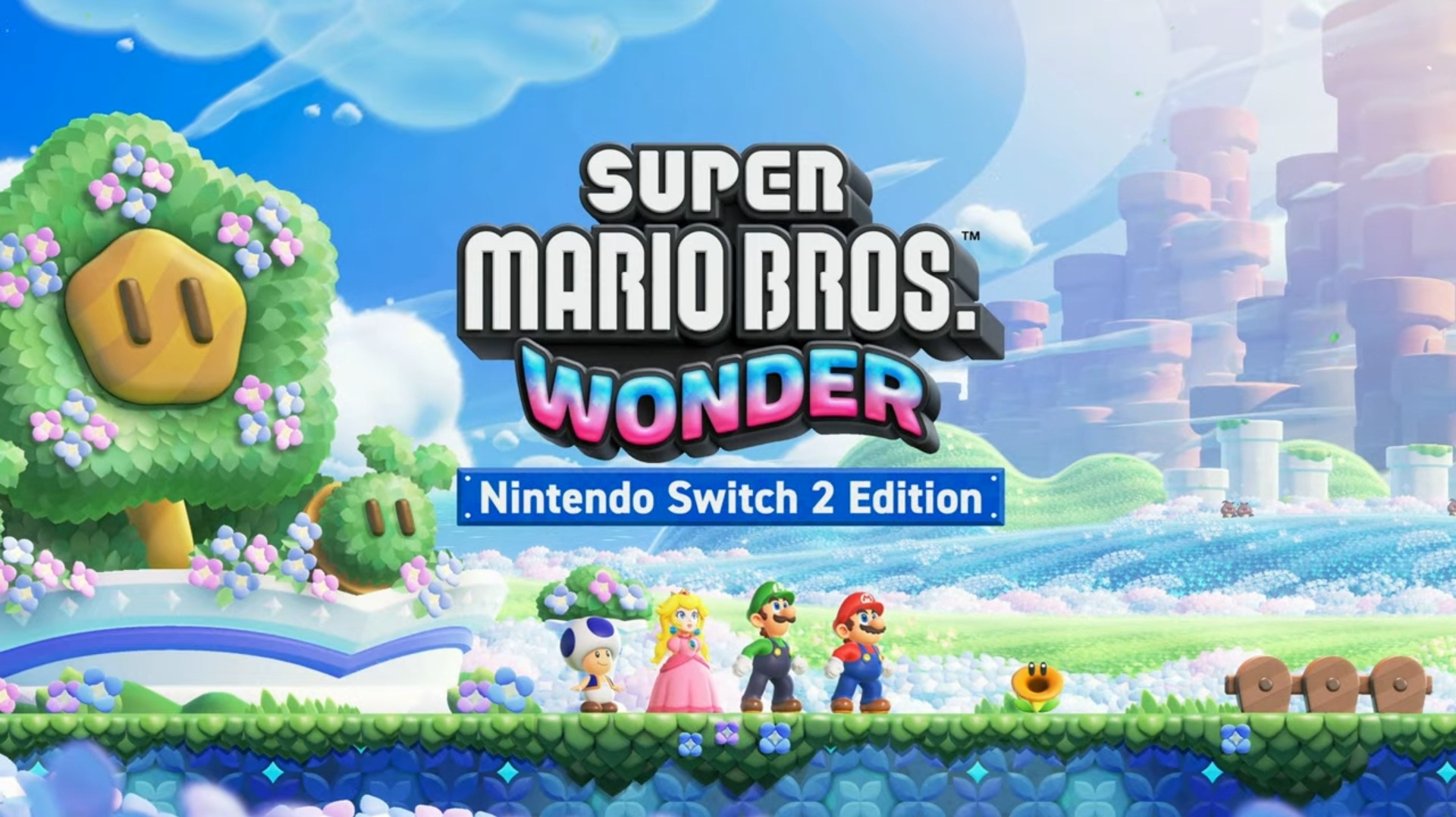 Super Mario Bros. Wonder Switch 2'de Mario, Luigi, Peach ve Toad ile.