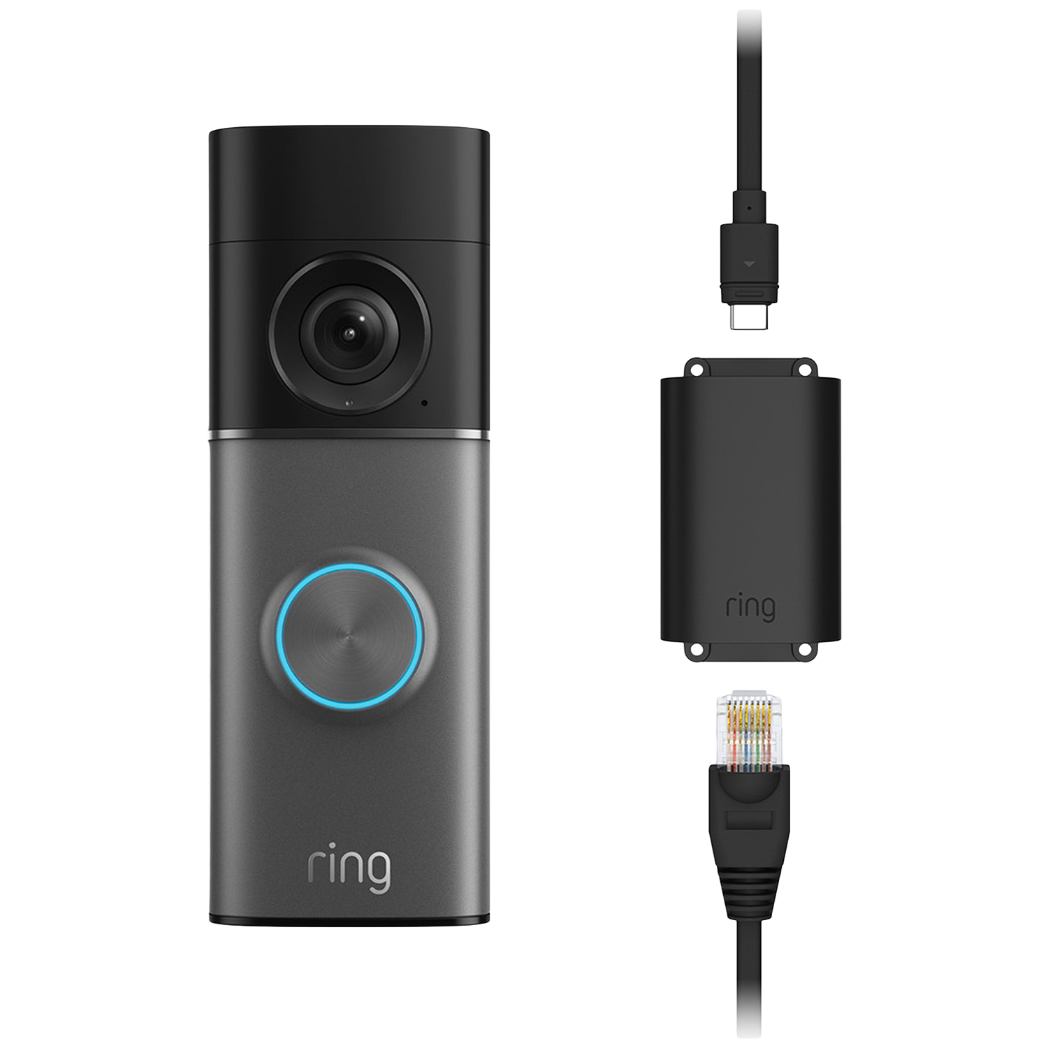 Een grijze Ring deurbel set met camera, blauwe lichtring en Ethernetkabel.