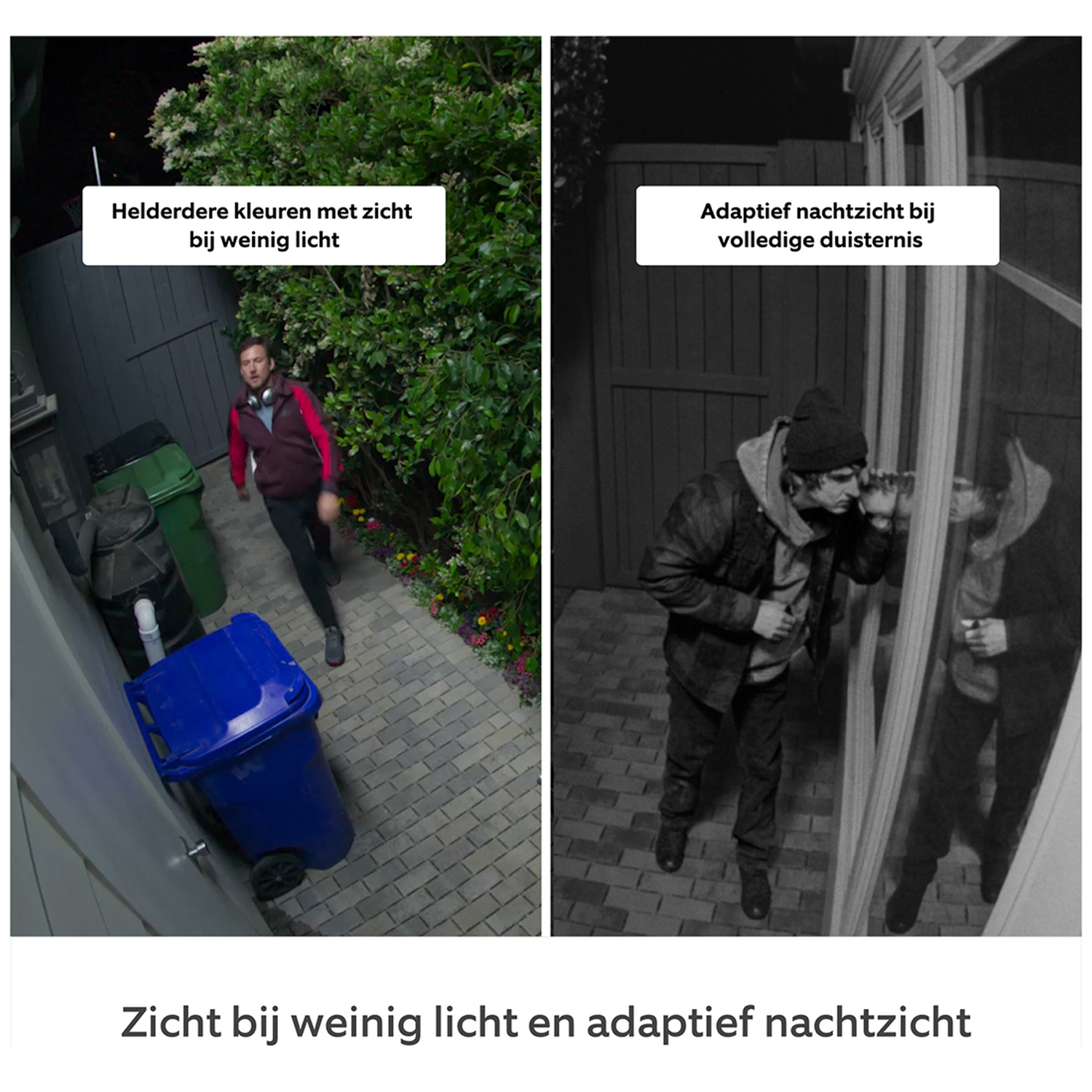 Two views: one with color in low light, one in black and white in darkness.