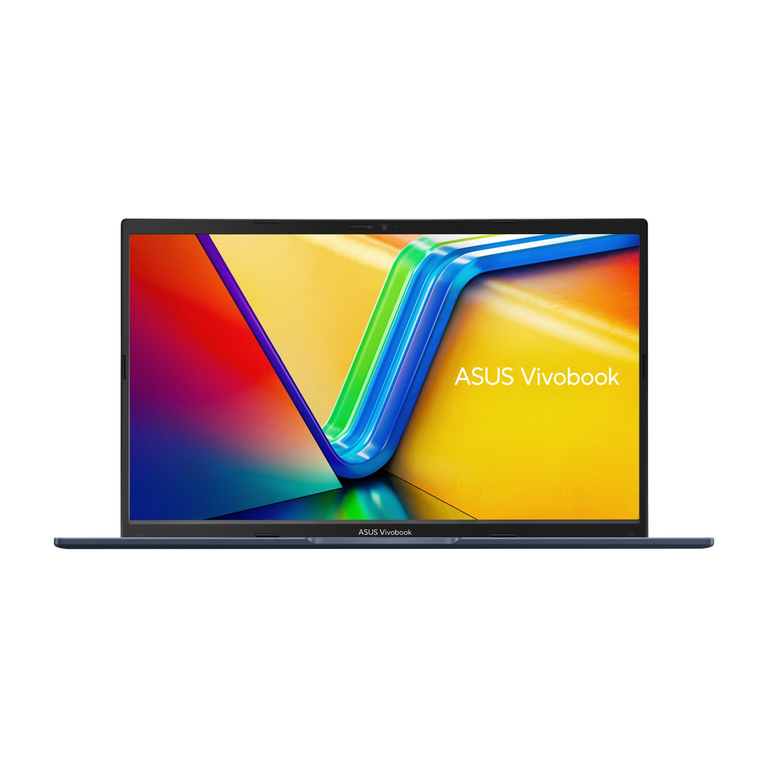Un laptop Asus Vivobook blu scuro con sfondo colorato.