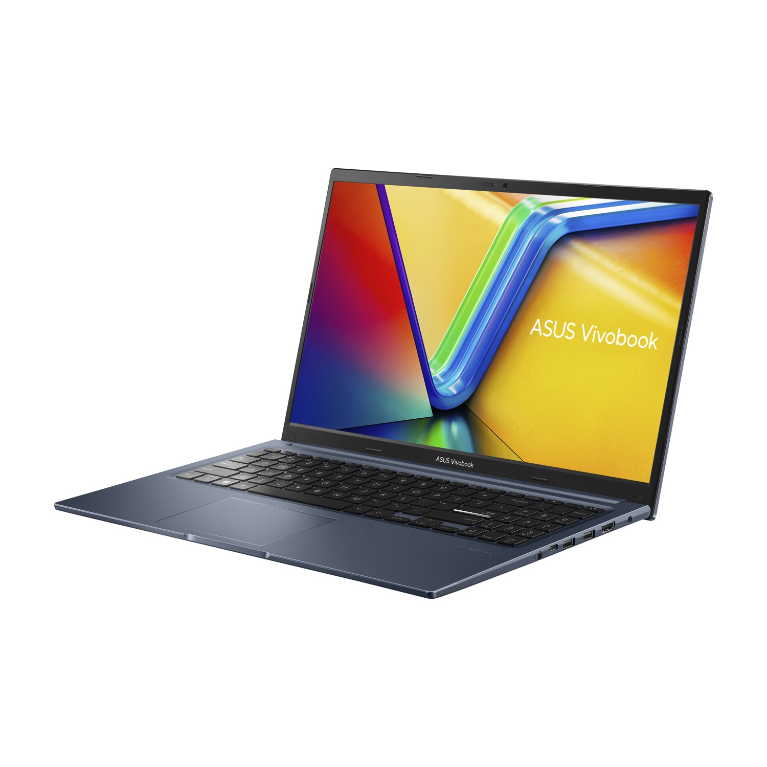 Un laptop ASUS Vivobook blu aperto su sfondo bianco.