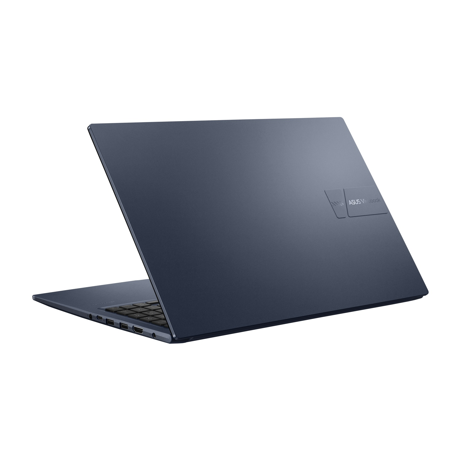 Un laptop Asus VivoBook blu scuro con tastiera e porte visibili.