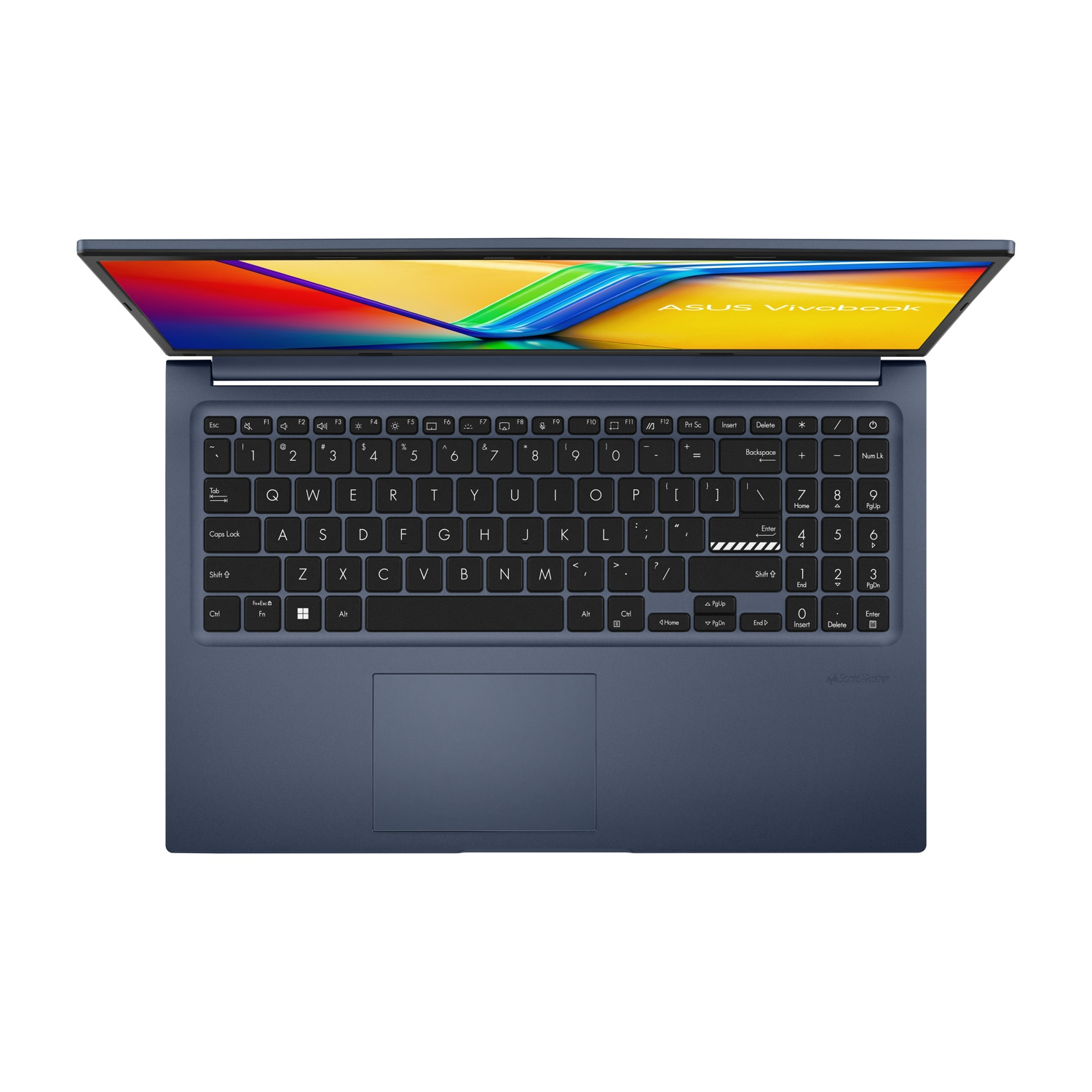 Un laptop ASUS Vivobook blu con tastiera, touchpad e schermo acceso.