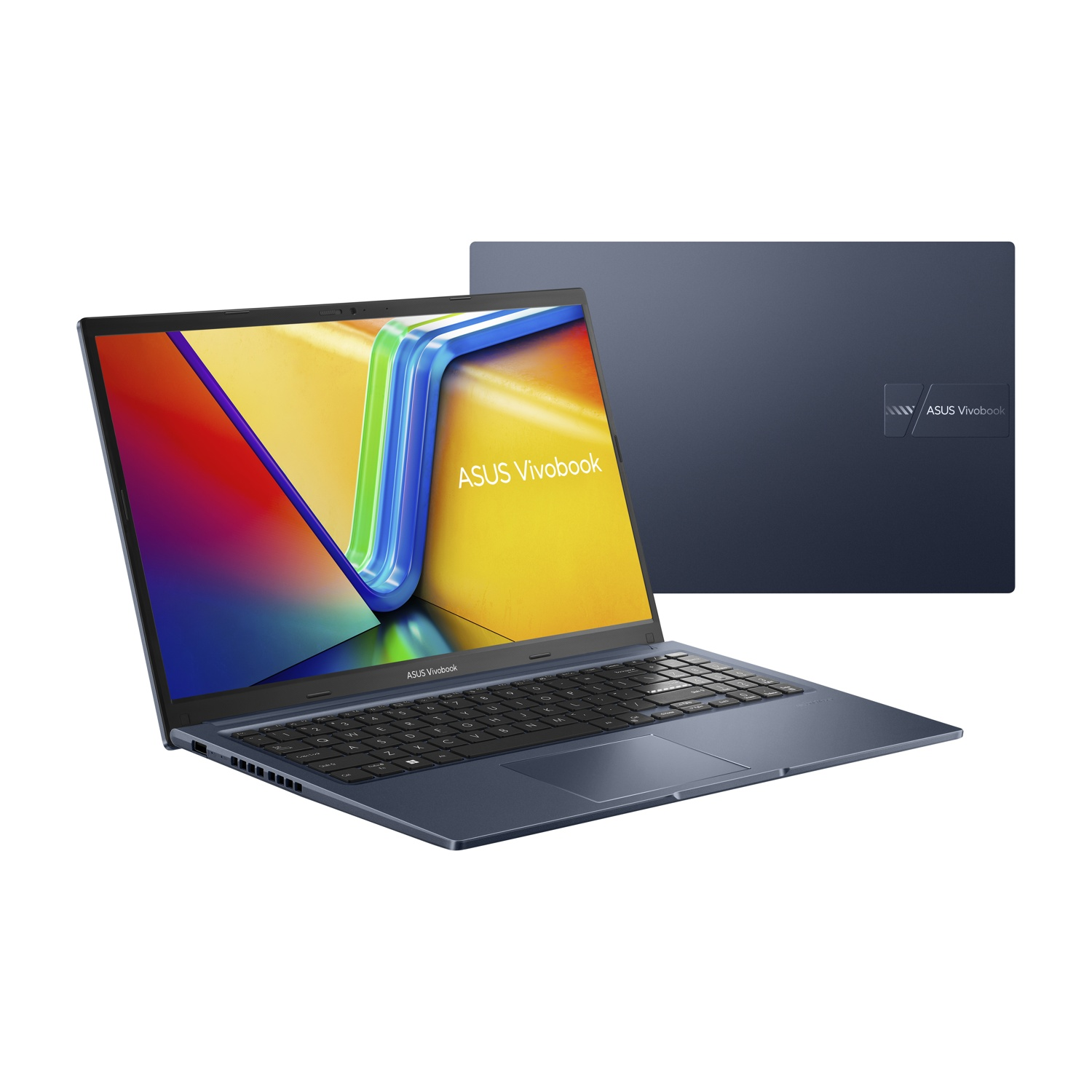 Un laptop ASUS Vivobook blu con sfondo colorato e tastiera.
