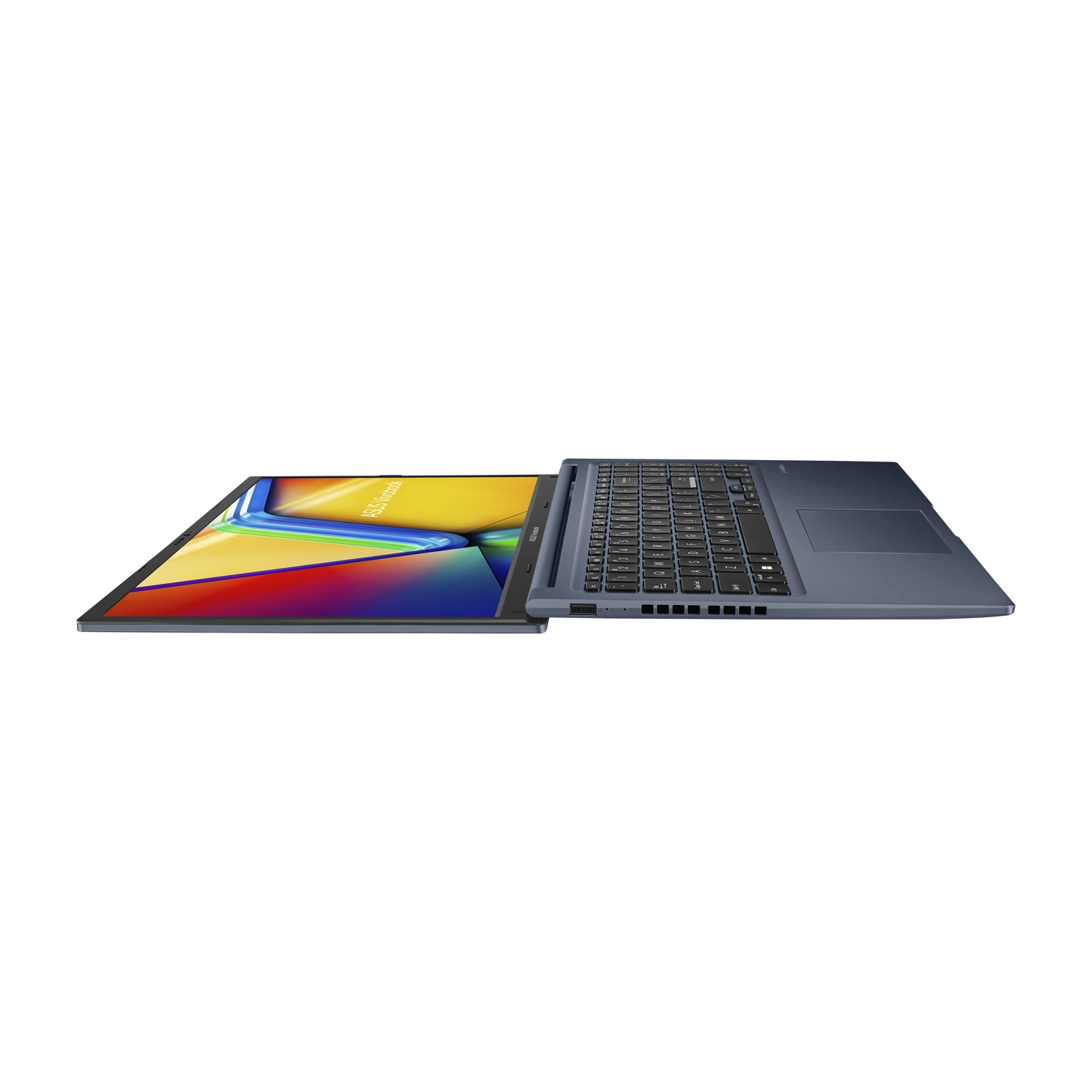 Un laptop Asus blu è aperto, con tastiera e display colorato.