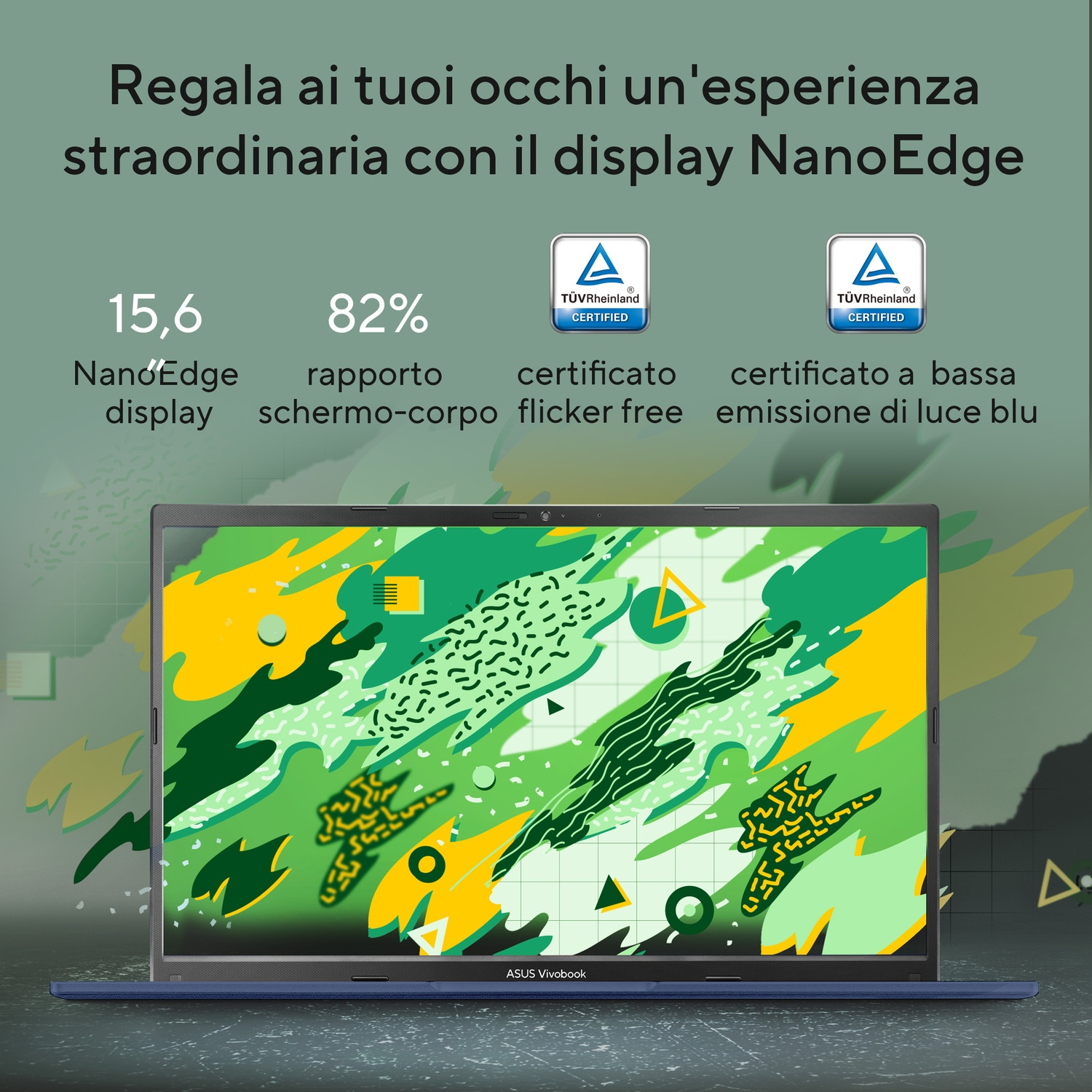 Un laptop ASUS Vivobook blu mostra un motivo astratto colorato sul suo schermo NanoEdge.