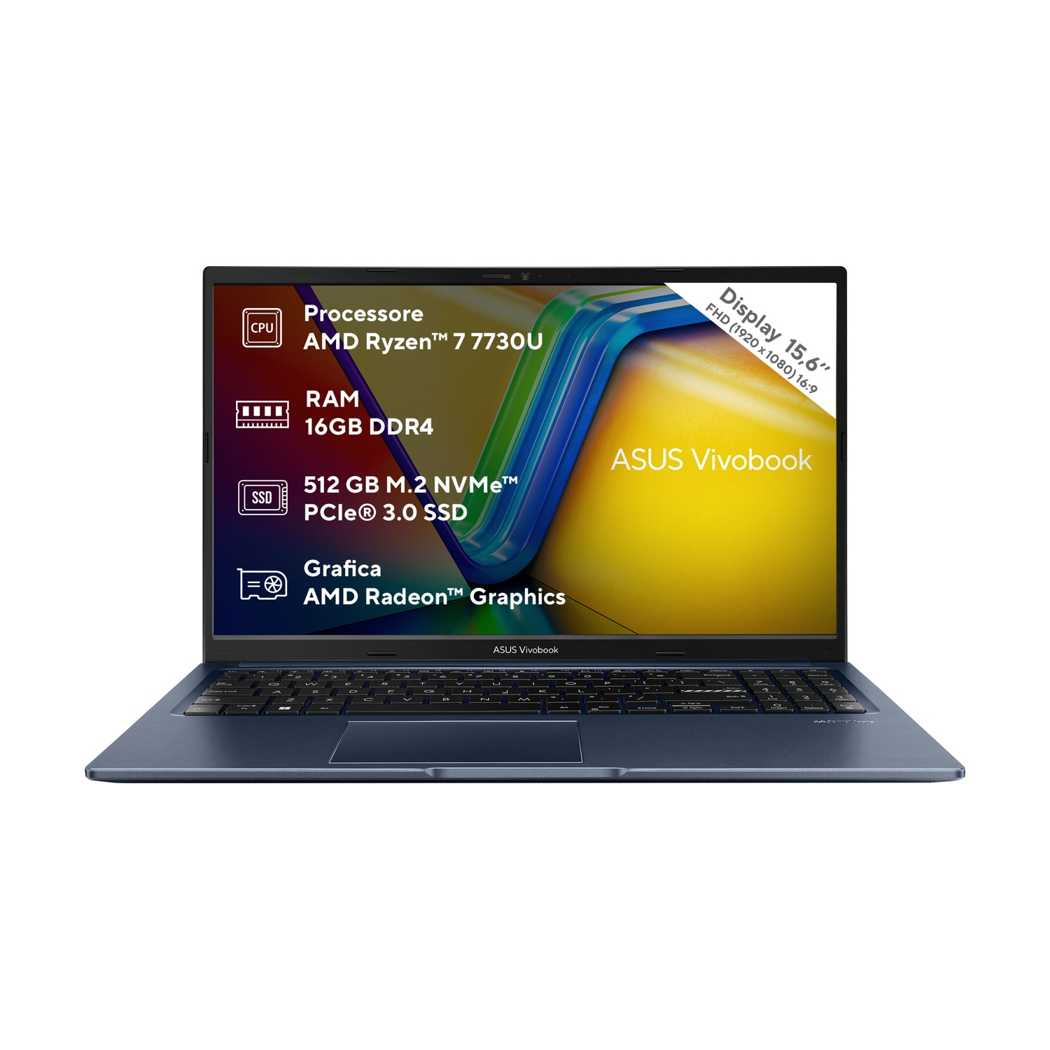 Un laptop ASUS Vivobook blu con display da 15,6 pollici, processore AMD Ryzen 7 e 16 GB di RAM.