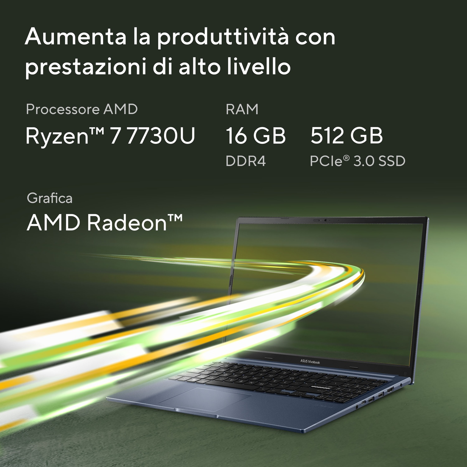 Un laptop Asus Vivobook blu con processore e grafica AMD Ryzen 7.