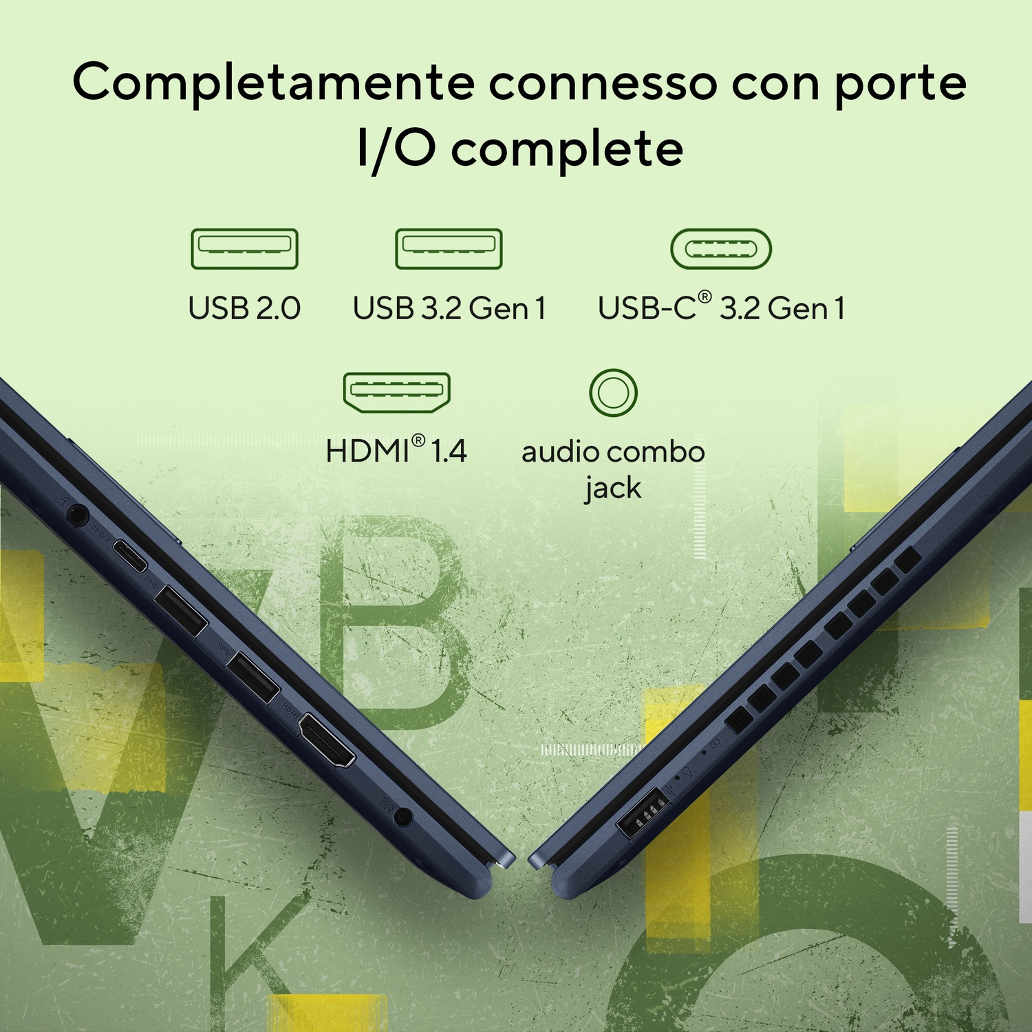 Porte del laptop: USB 2.0, USB 3.2 Gen 1, USB-C, HDMI 1.4 e jack audio combo.