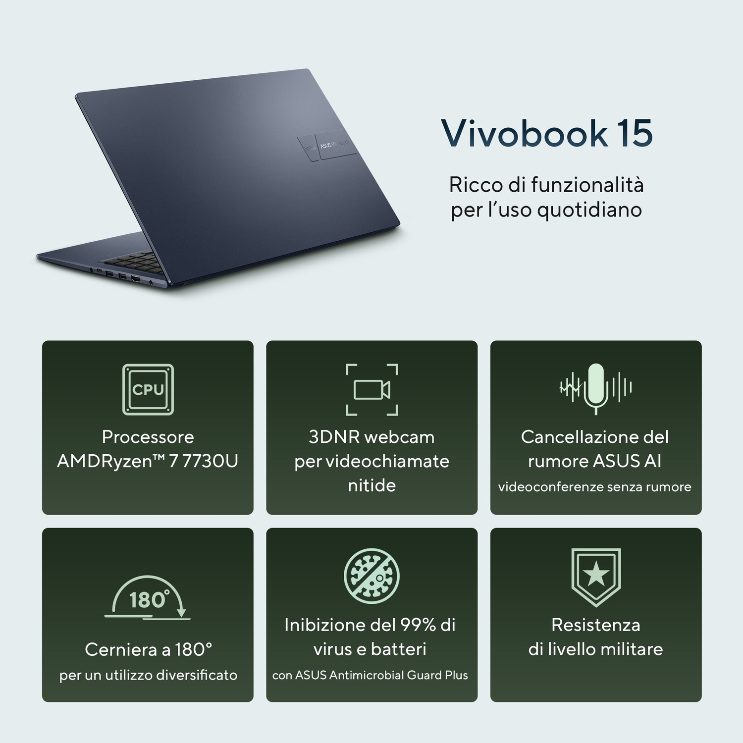 Laptop Vivobook 15 con processore AMD Ryzen, webcam 3DNR, cancellazione rumore AI, cerniera 180°.
