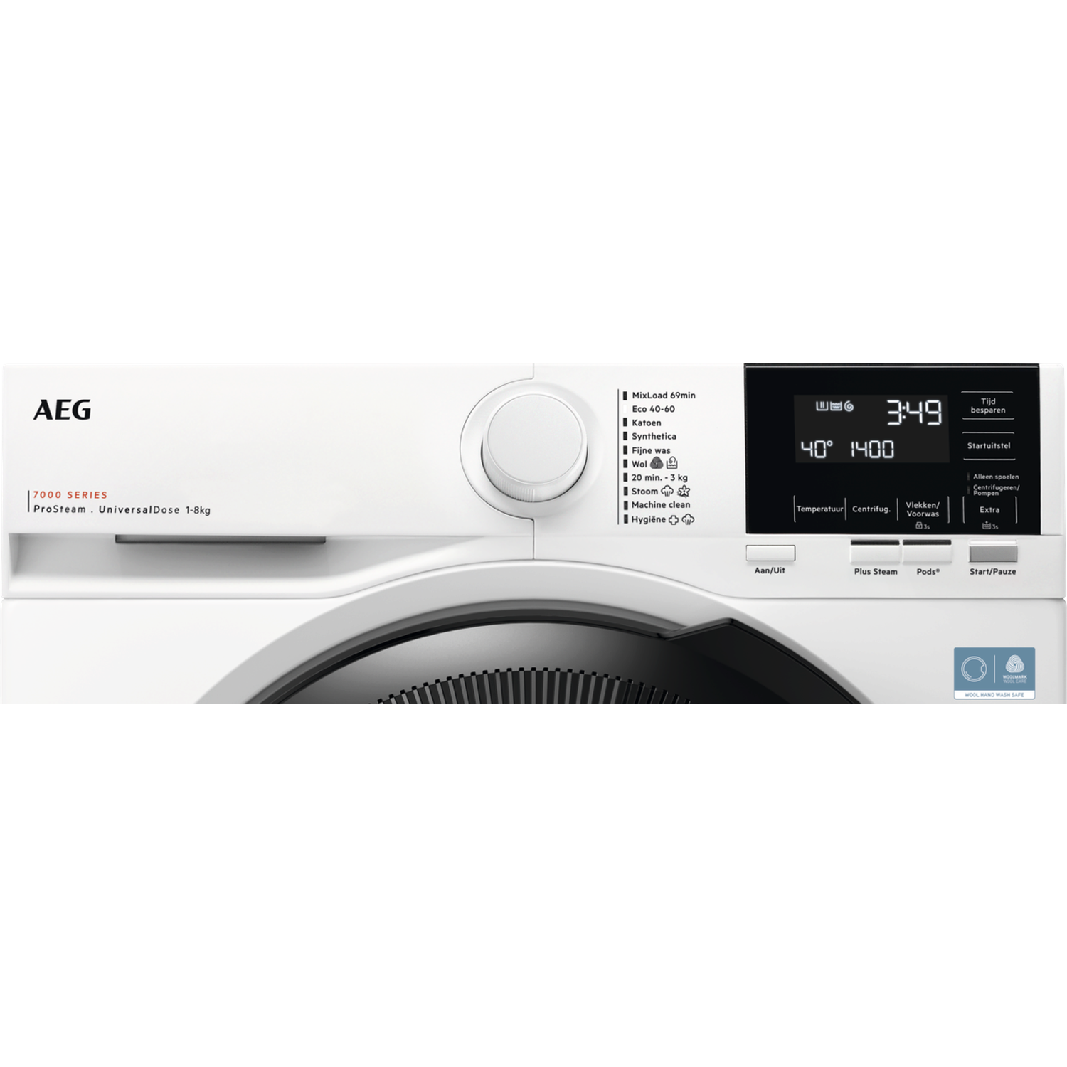 White AEG washing machine with display, dial, and program selection.