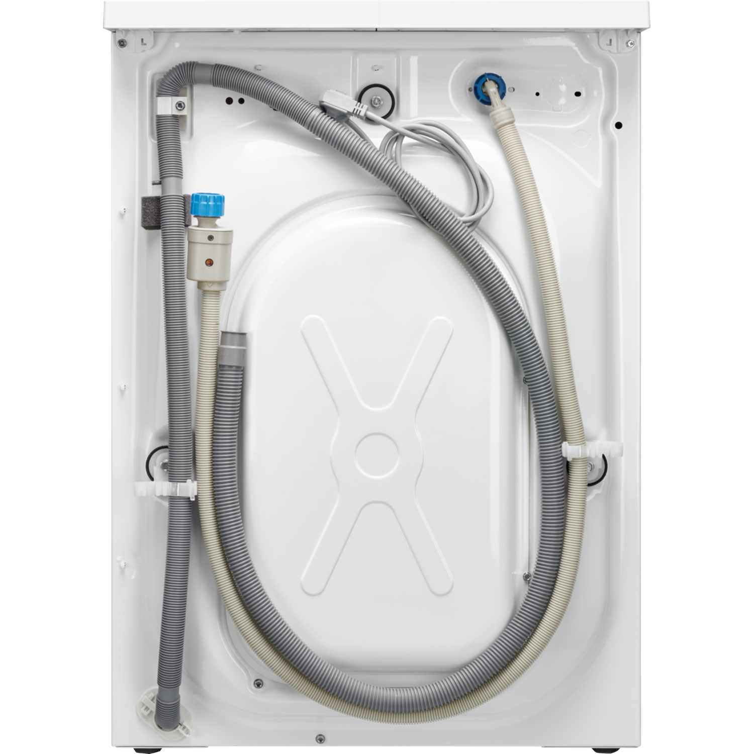 Back of a washing machine with hoses and cables. White background.