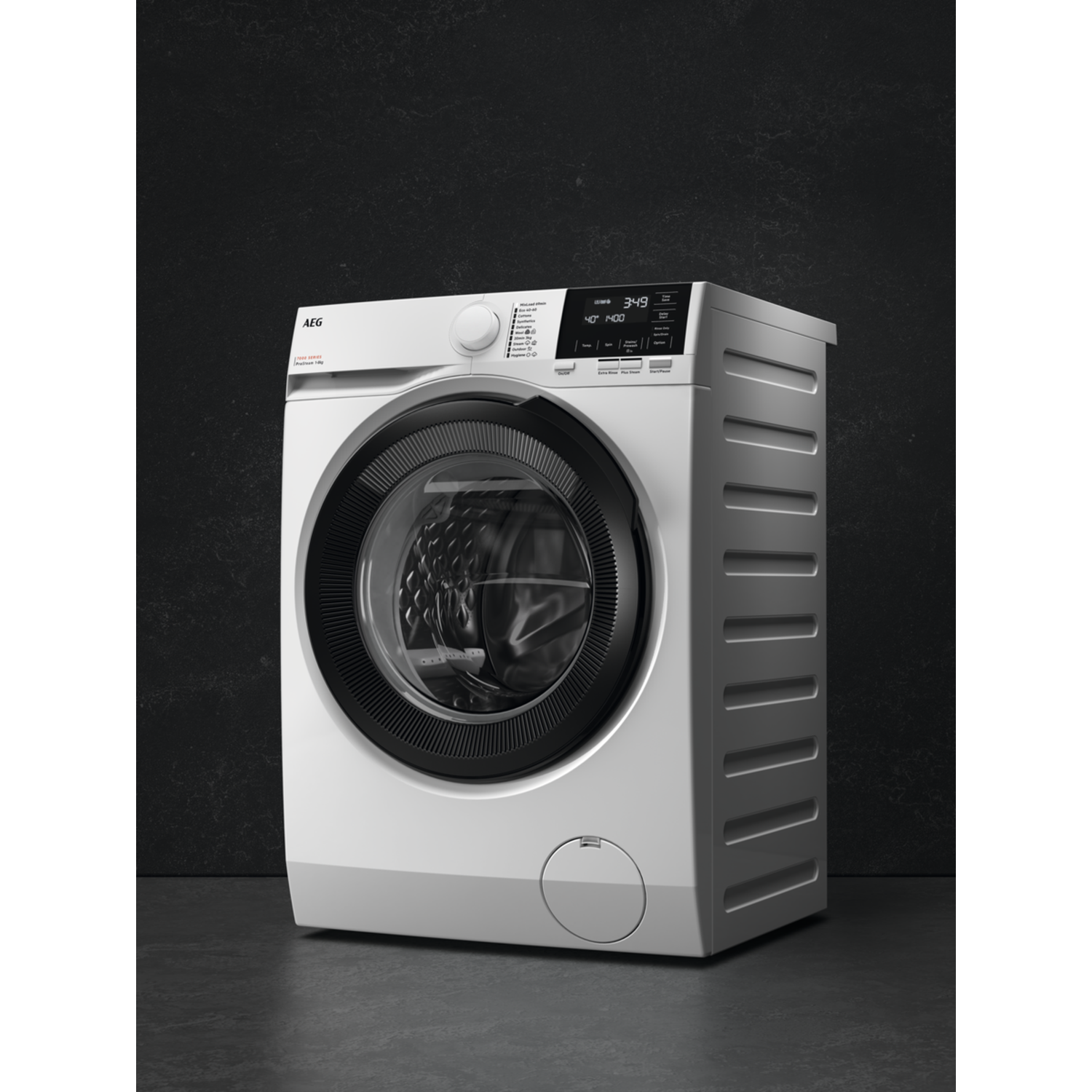 White AEG washing machine with black door and digital display, on a dark background.