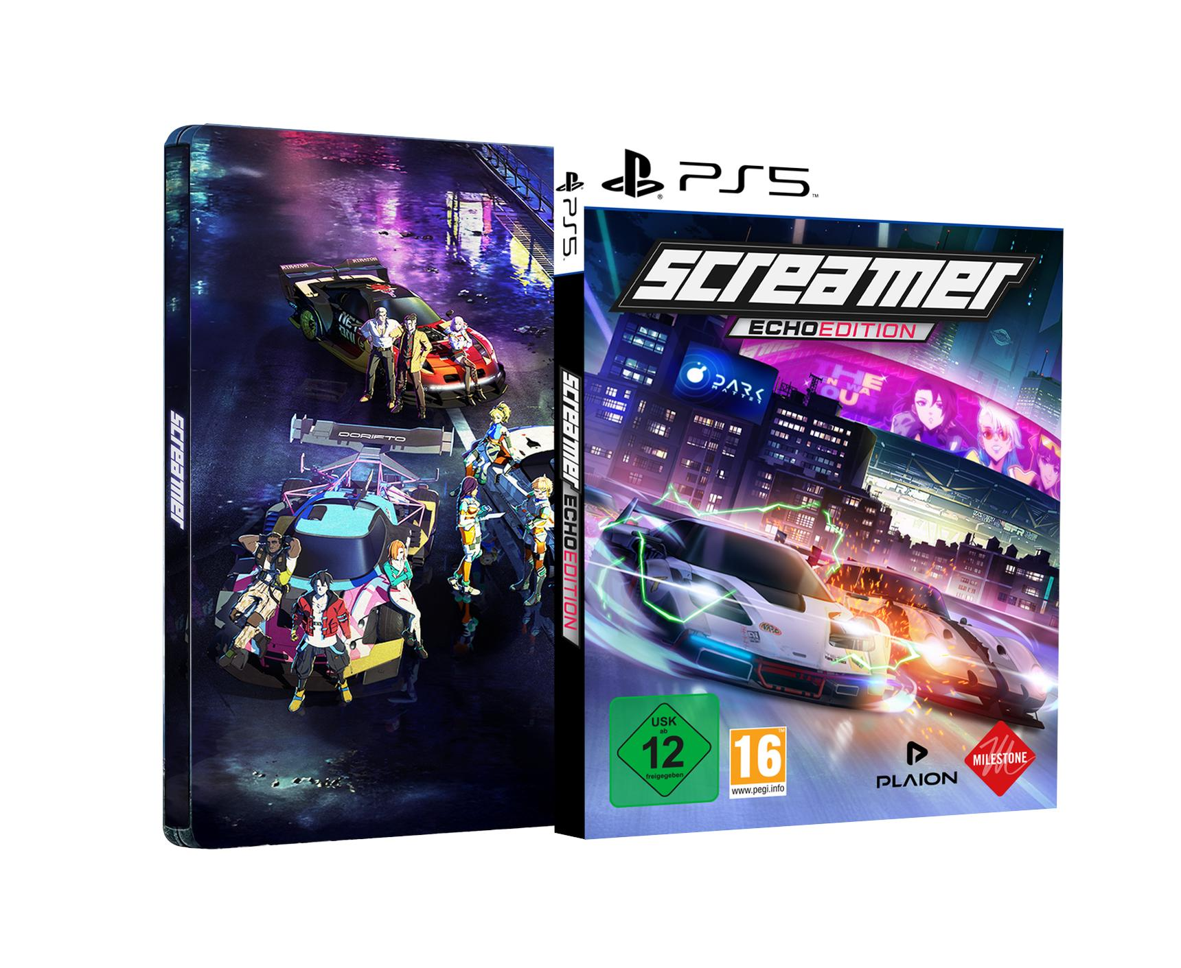 PS5 Spiel "Screamer Echo Edition" mit Rennwagen und Charakteren.