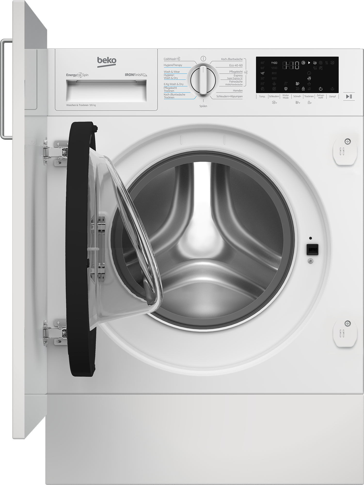 Eine weiße Beko Waschmaschine mit geöffneter Tür und einem digitalen Bedienfeld.