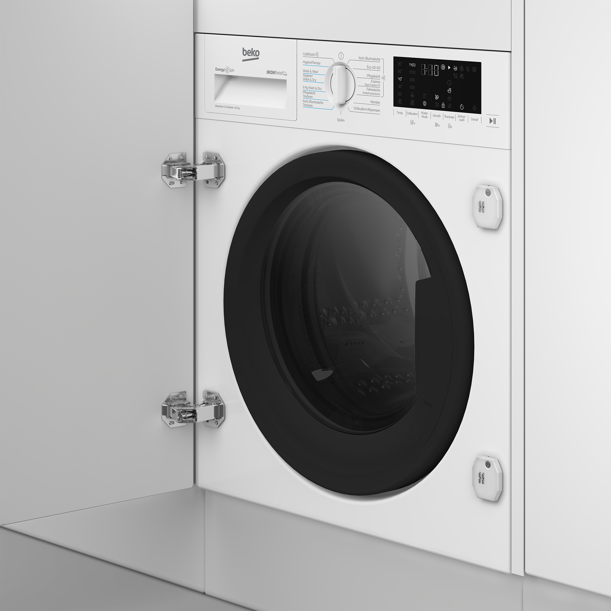 Eine weiße Beko Waschmaschine mit schwarzer Tür und Bedienfeld.