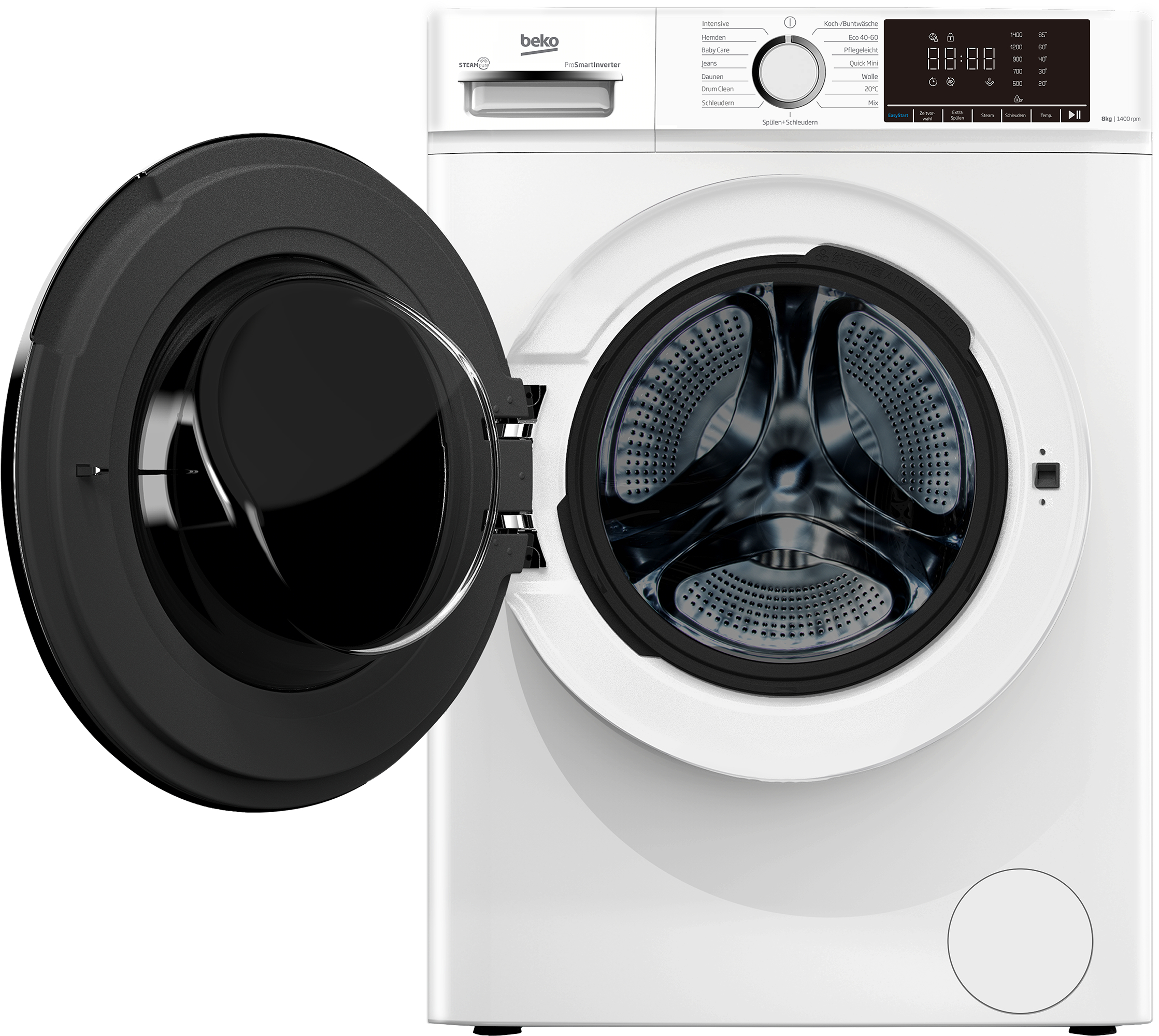 Eine weiße Beko Waschmaschine mit offener Tür und Edelstahl-Trommel.