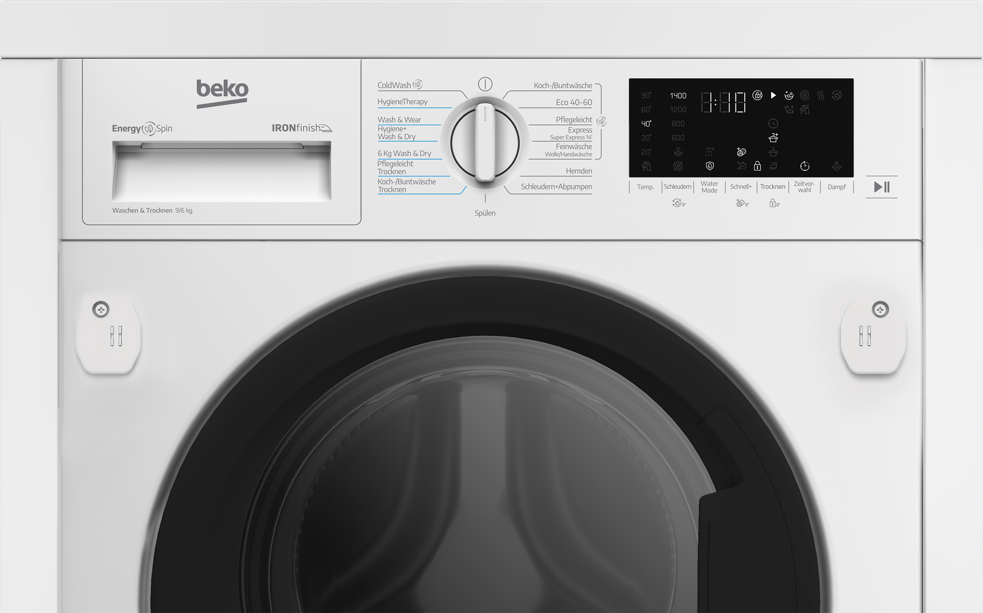 Eine weiße Beko Waschmaschine mit digitalem Display und Programmwahlrad.