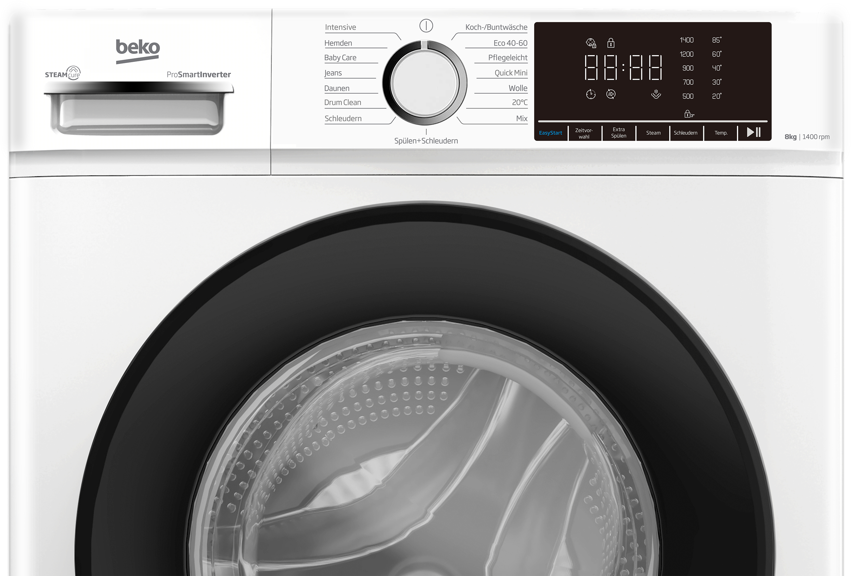 Weiße Beko Waschmaschine mit digitaler Anzeige und Programmwahl.