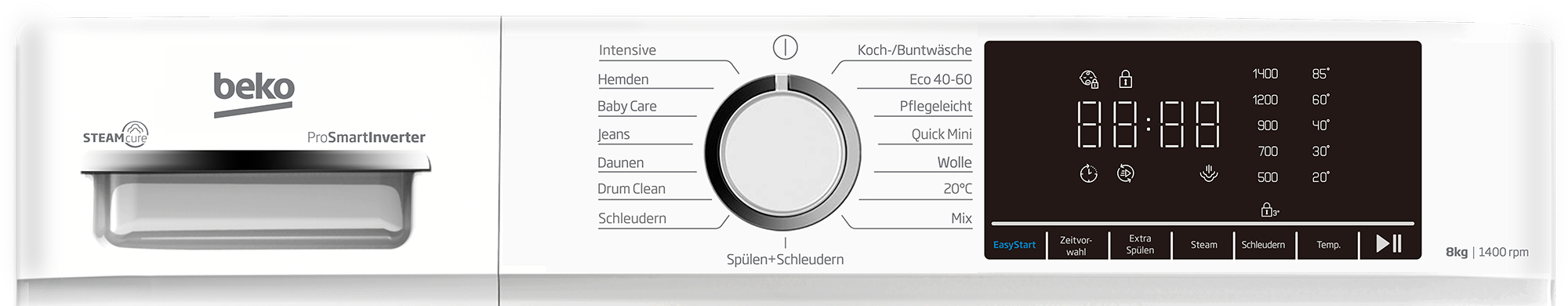 Beko Waschmaschine Bedienfeld mit Drehknopf, Display und Tasten.