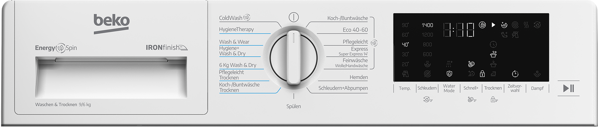 Bedienfeld einer weißen Beko Waschmaschine mit Drehknopf und digitaler Anzeige.