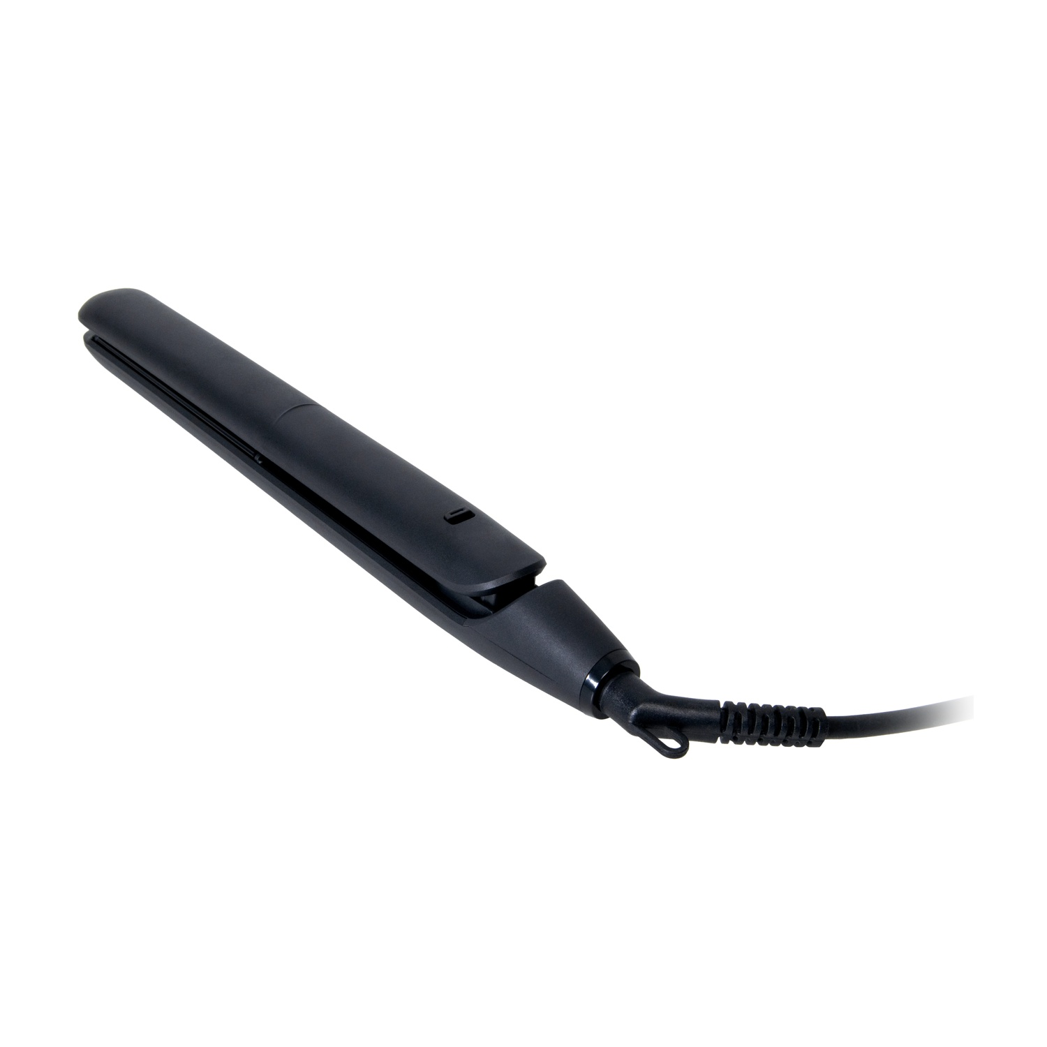 Una piastra per capelli nera giace su sfondo bianco.