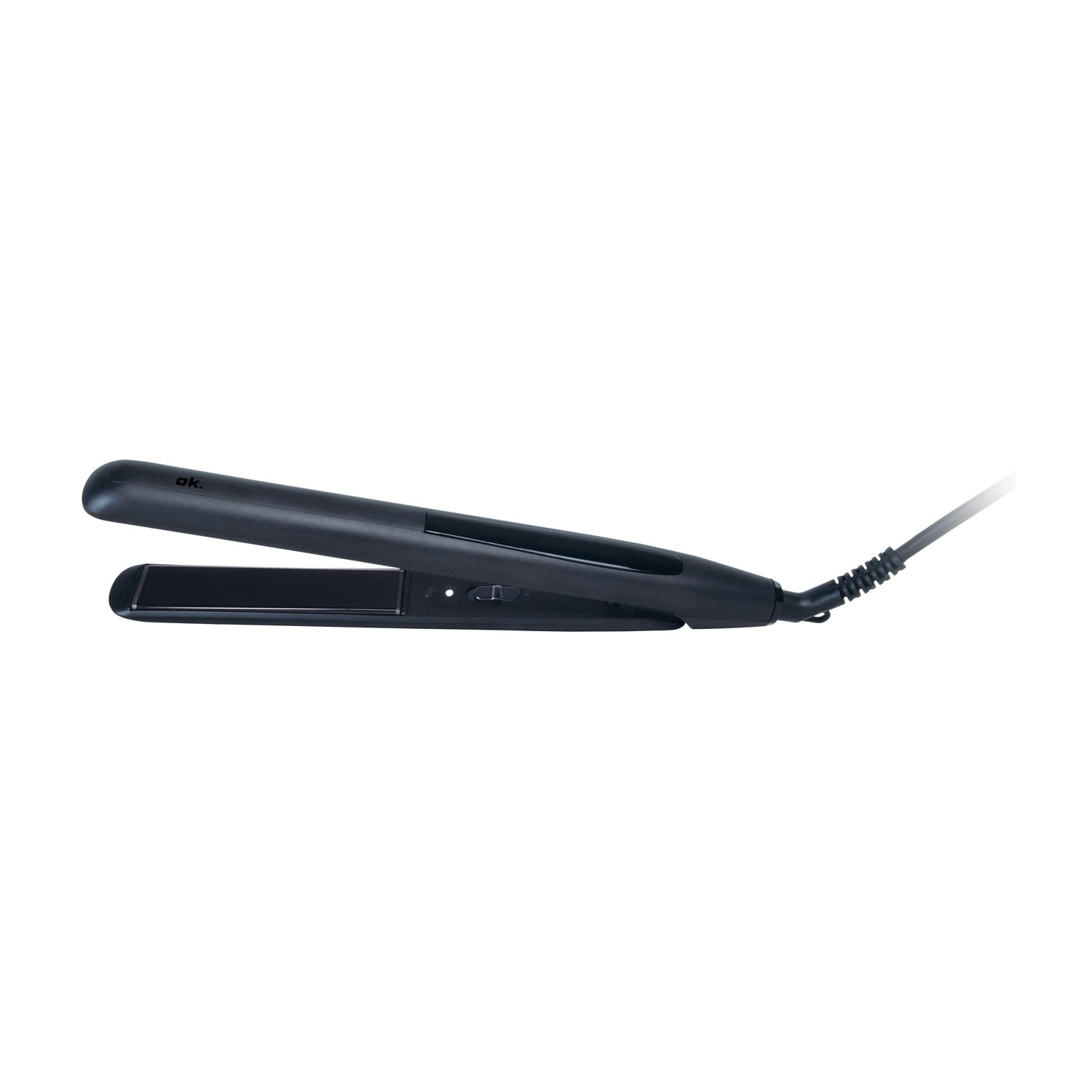 Piastra per capelli nera con cavo su sfondo bianco.