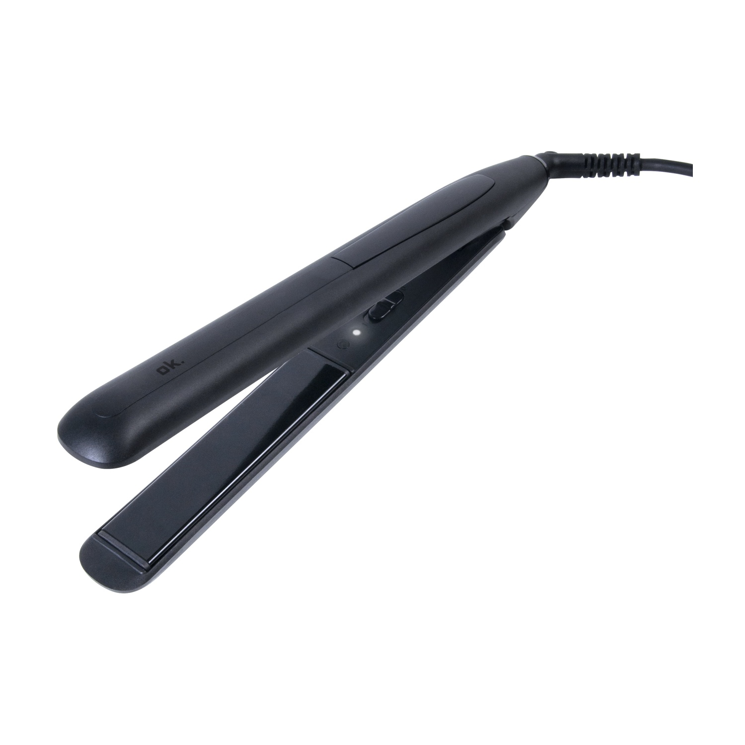 Piastra per capelli nera con cavo e una piccola spia luminosa.