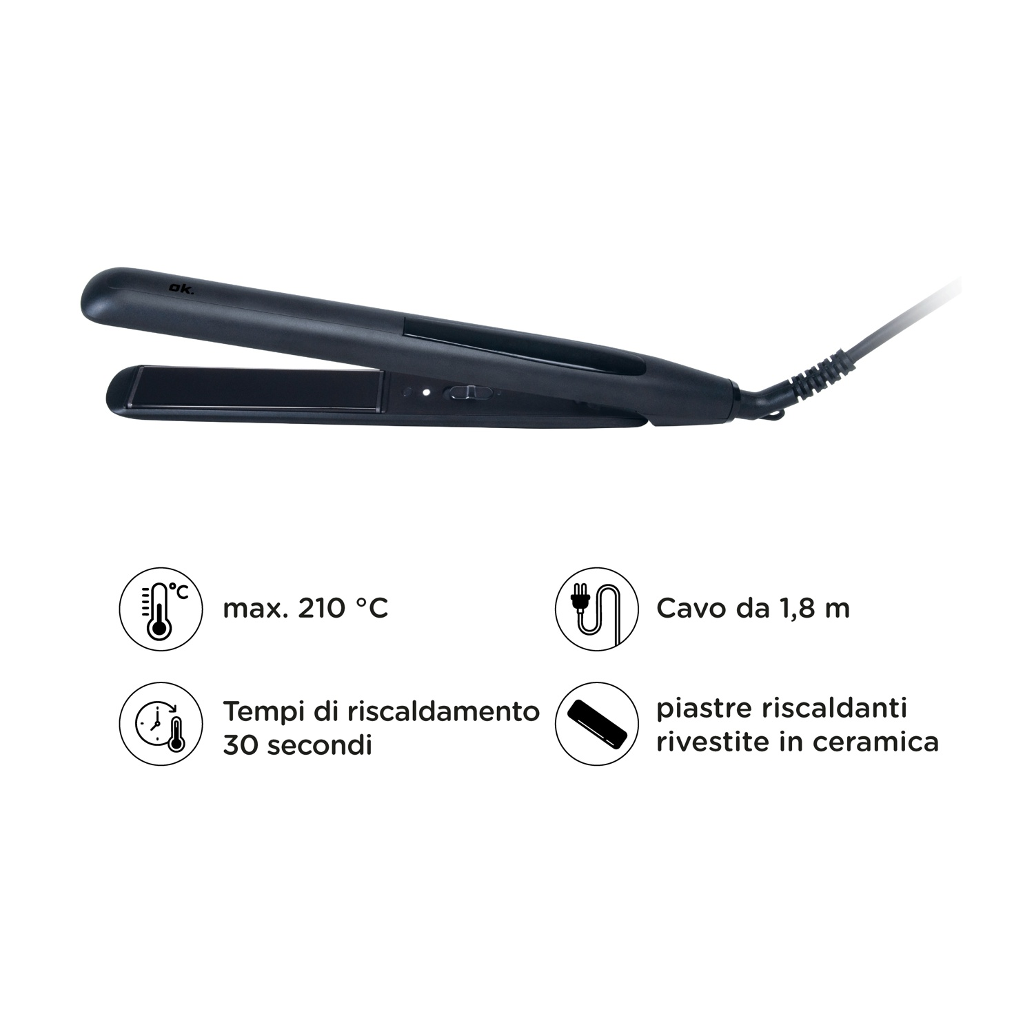 Piastra nera 210°C, riscaldamento 30s, cavo 1,8m.